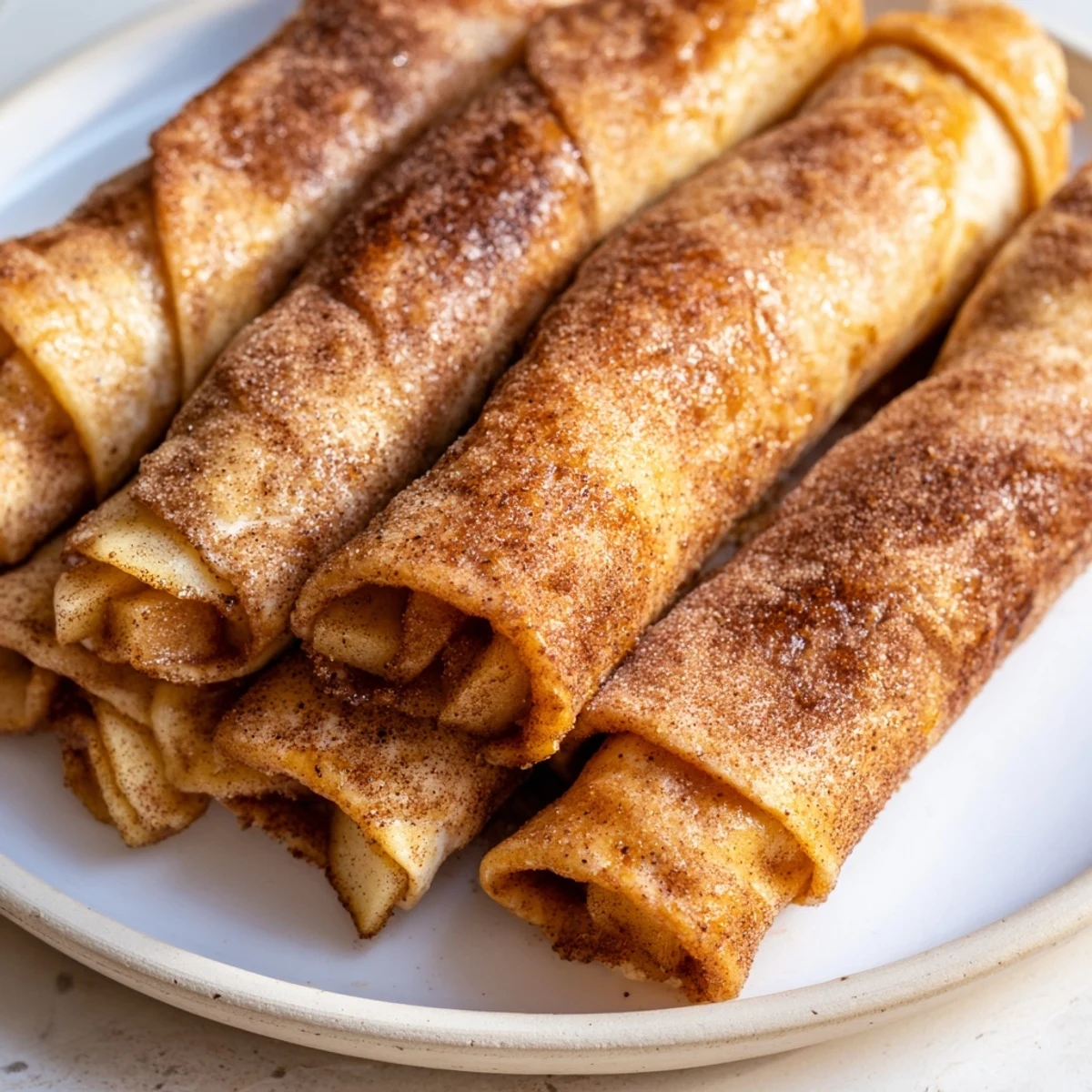 Golden, crispy Apple Pie Roll-Ups freshly baked, served warm and ready to eat with a sprinkle of cinnamon sugar.