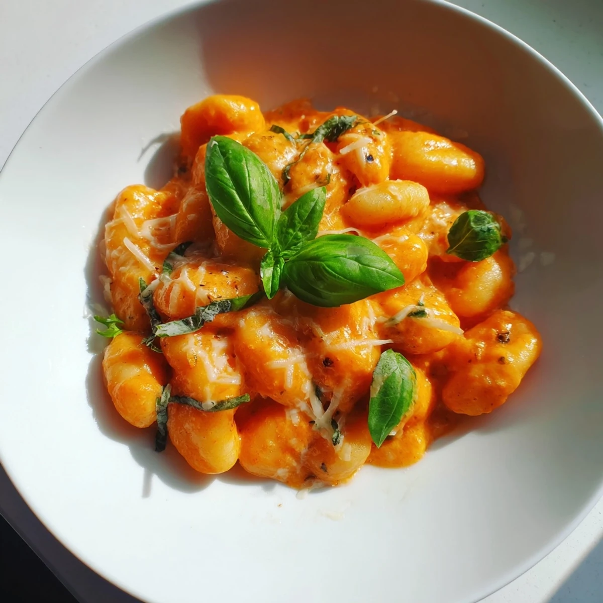 Golden Creamy Tomato Gnocchi with melted Parmesan, rich sauce, and fresh basil garnish.