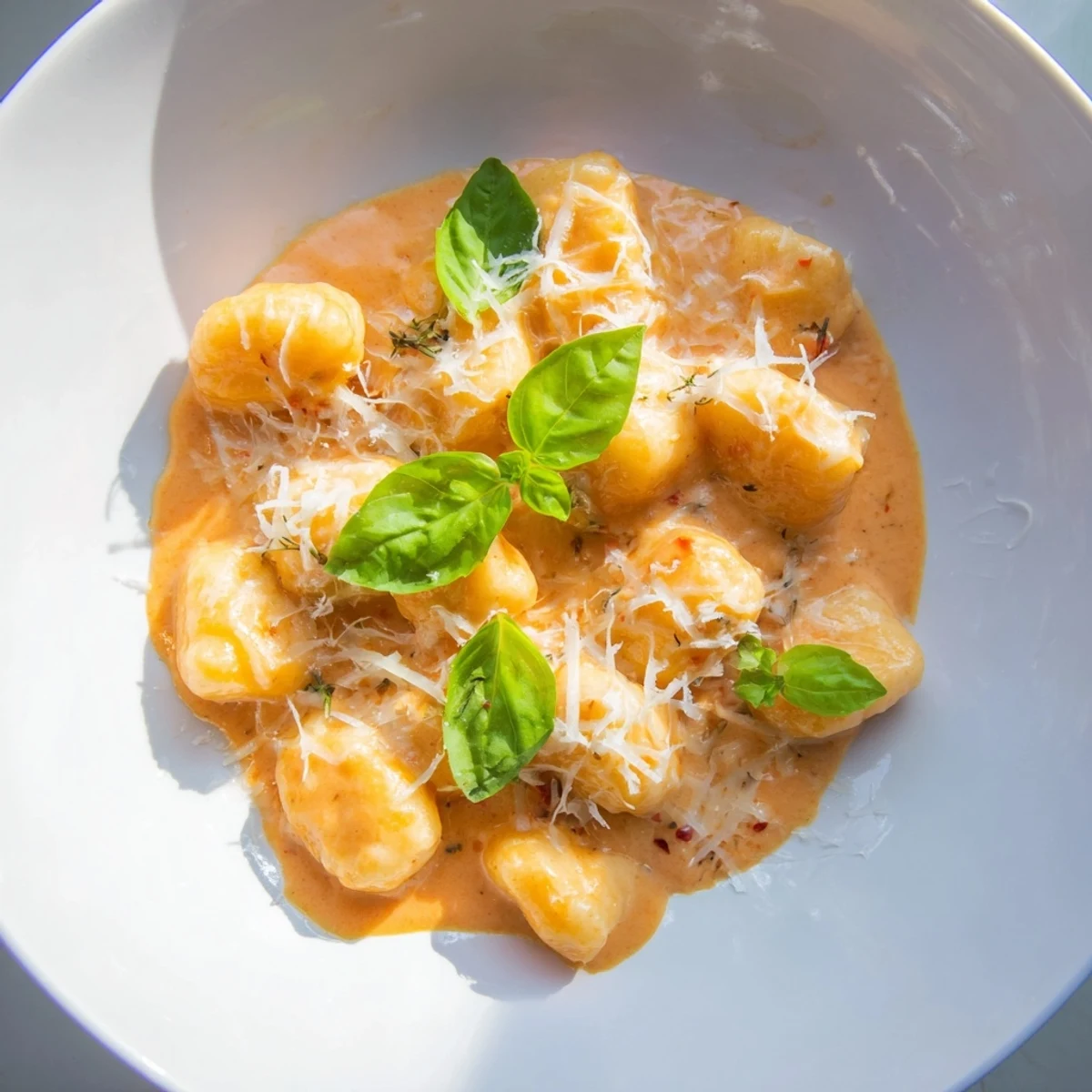 Warm, comforting bowl of Creamy Tomato Gnocchi: pillowy gnocchi in a vibrant, creamy tomato sauce.