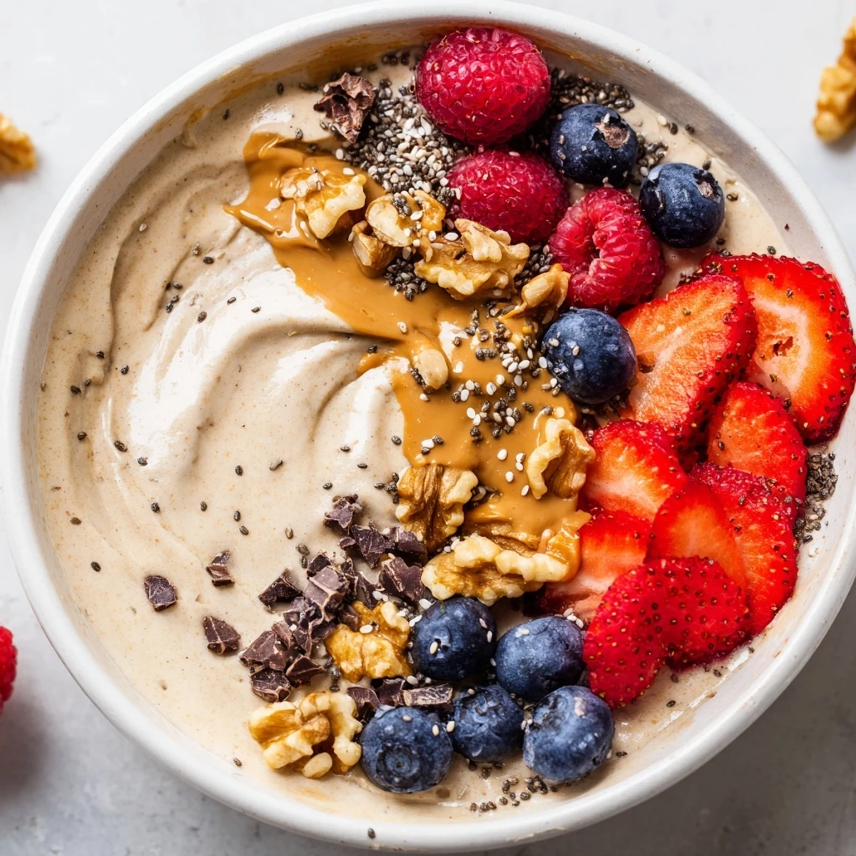 Vibrant photo: a Protein Ice Cream Bowl overflowing with fresh berries and rich peanut butter.