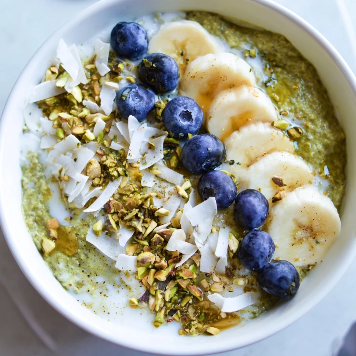 Creamy matcha overnight oats are topped with fresh berries, offering a delightful and healthy morning meal.