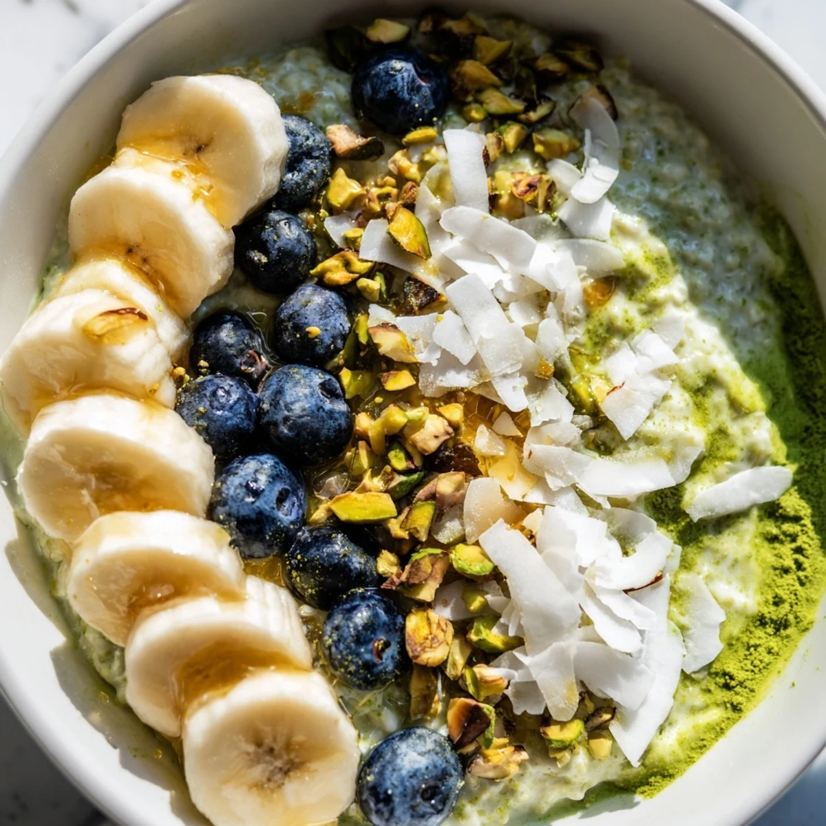Enjoy a visual treat: Matcha overnight oats are rich green, studded with berries and coconut flakes.