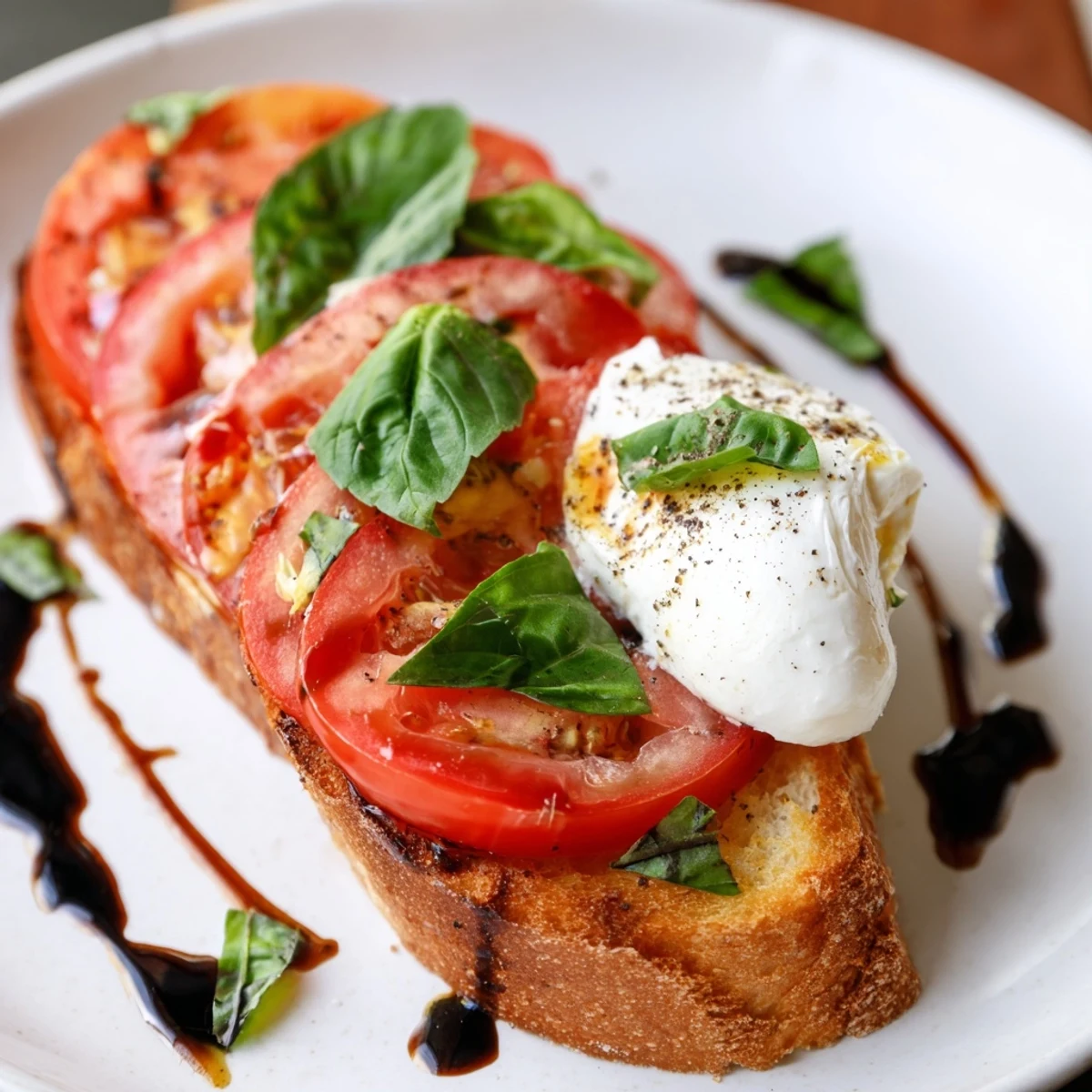 Golden sourdough topped with sliced tomatoes, creamy burrata, and fresh basil, creating the perfect Tomato Burrata Toast.