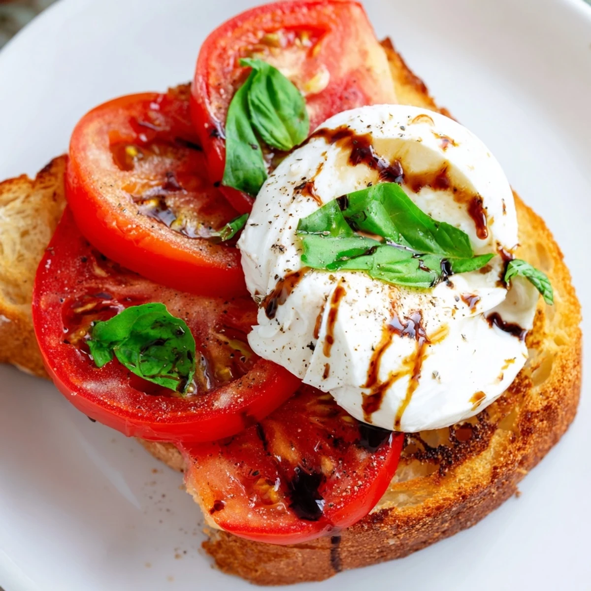 A close-up of Tomato Burrata Toast shows the contrast of textures: crispy toast and soft cheese, plus vibrant tomatoes.