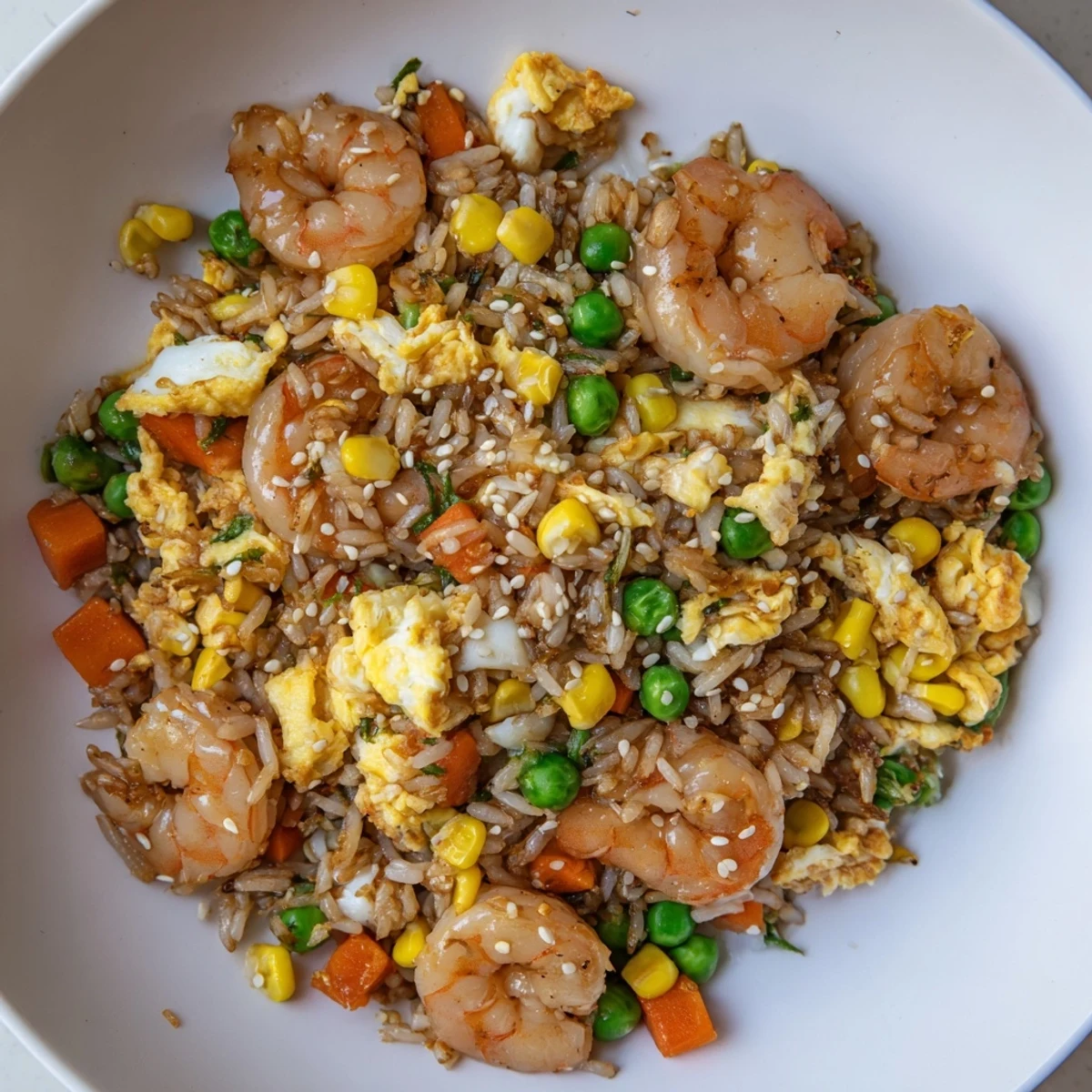 Steaming bowl of flavorful shrimp fried rice, perfect for a quick, delicious dinner tonight.