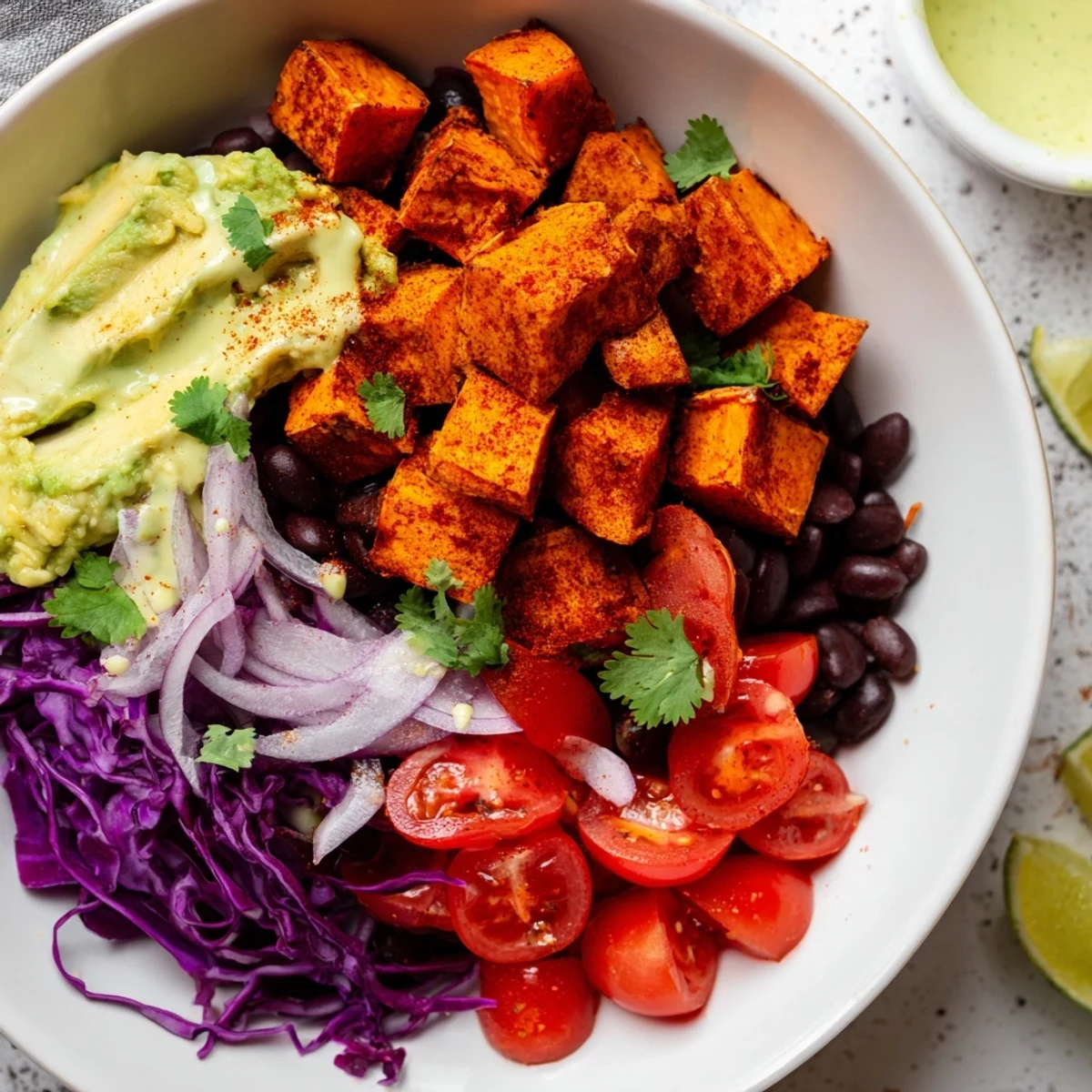 Golden roasted sweet potatoes and colorful veggies star in these tempting taco bowls.
