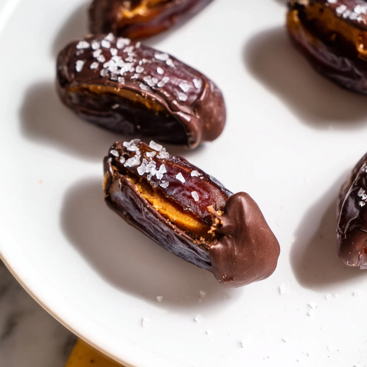Golden Medjool dates stuffed with peanut butter, enrobed in chocolate – a simple, beautiful treat.