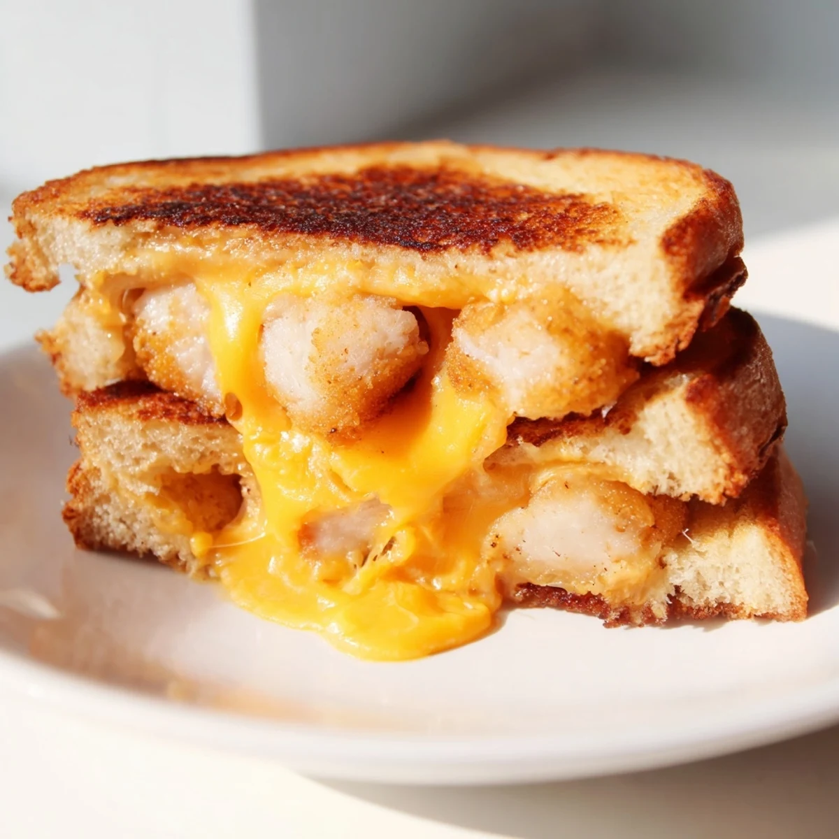 Golden-brown Chicken Nugget Grilled Cheese oozing melted cheddar, a kid-friendly comfort classic.