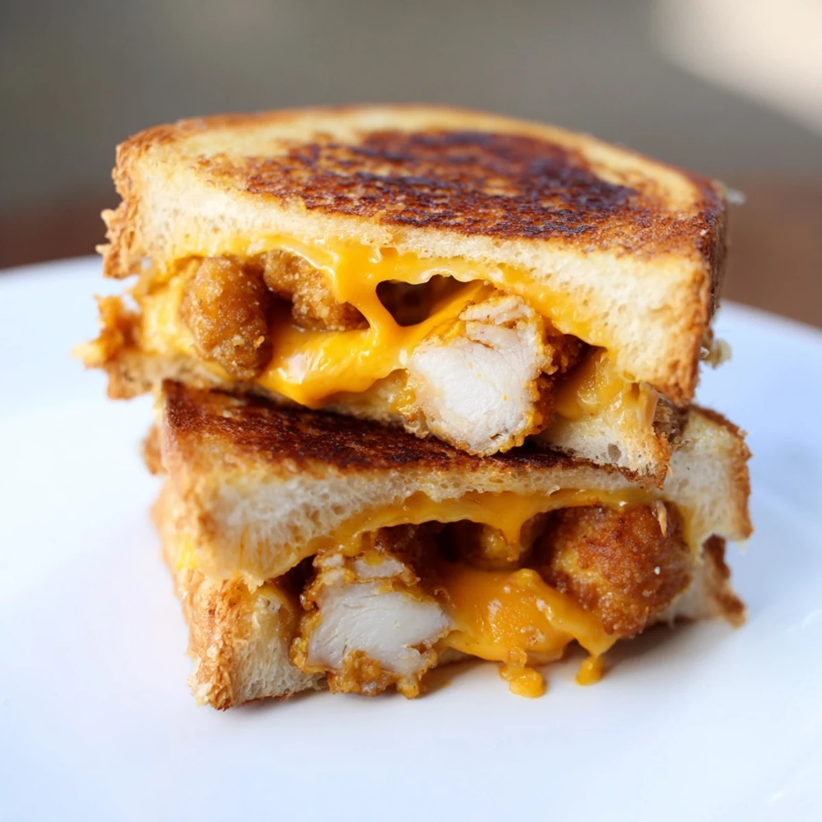 Melted cheese spills over a warm Chicken Nugget Grilled Cheese, a delicious and easy American meal.