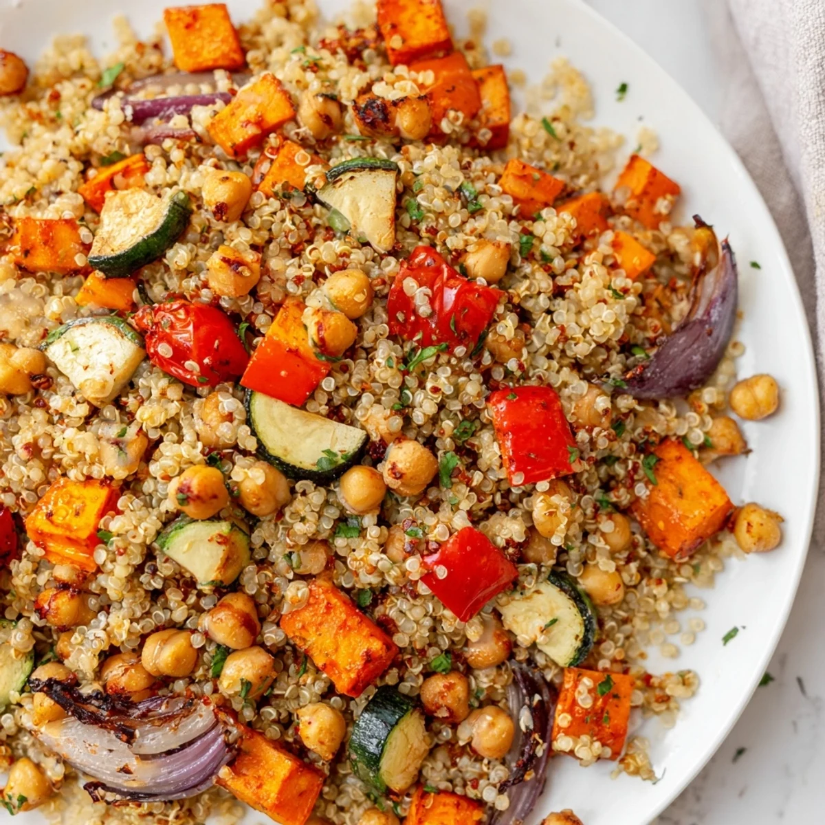 Fluffy quinoa mingles with vibrant veggies in this delicious Quinoa Power Salad drizzled with dressing.