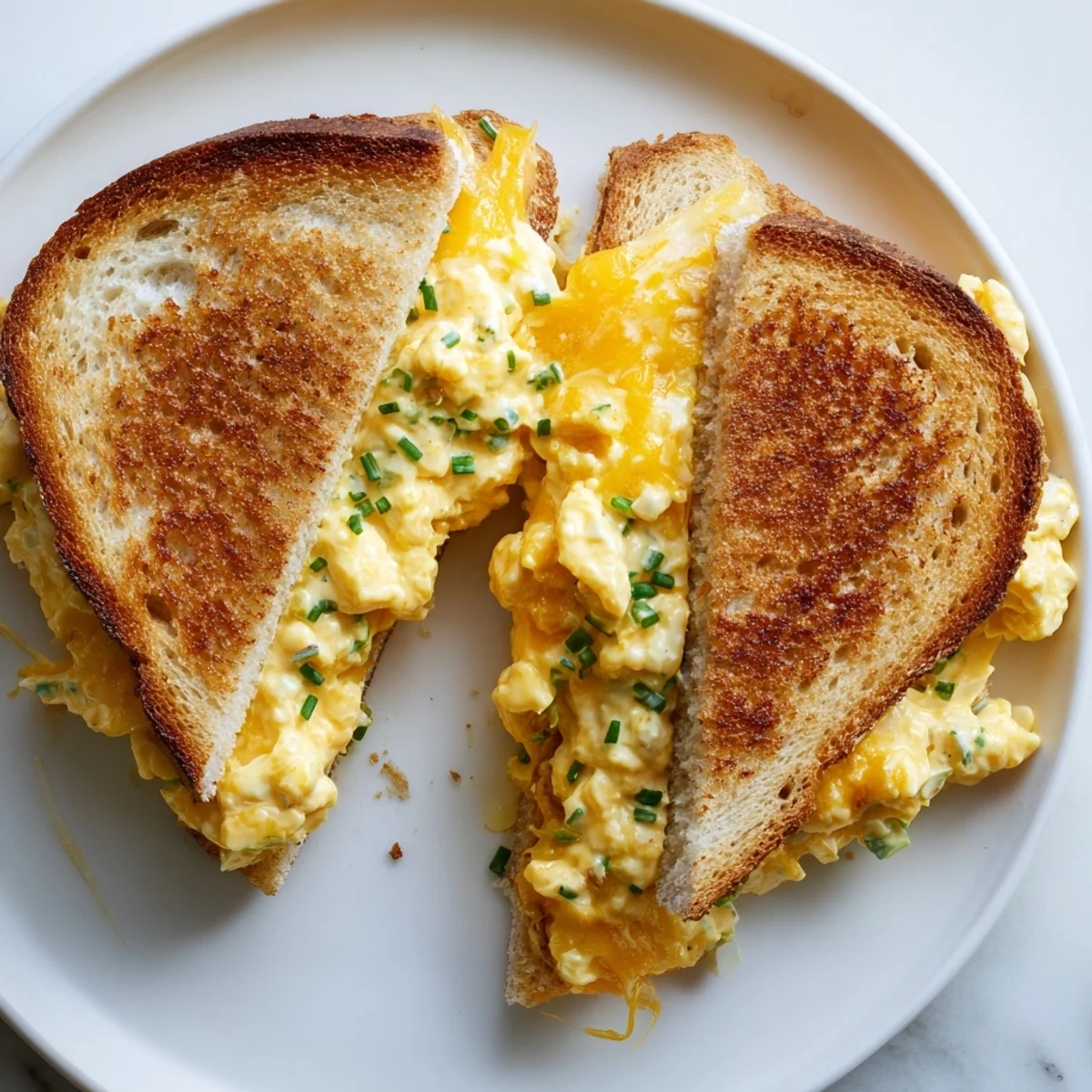 Golden-brown Egg Salad Grilled Cheese sandwich, a simple, delicious American classic, is ready to eat.
