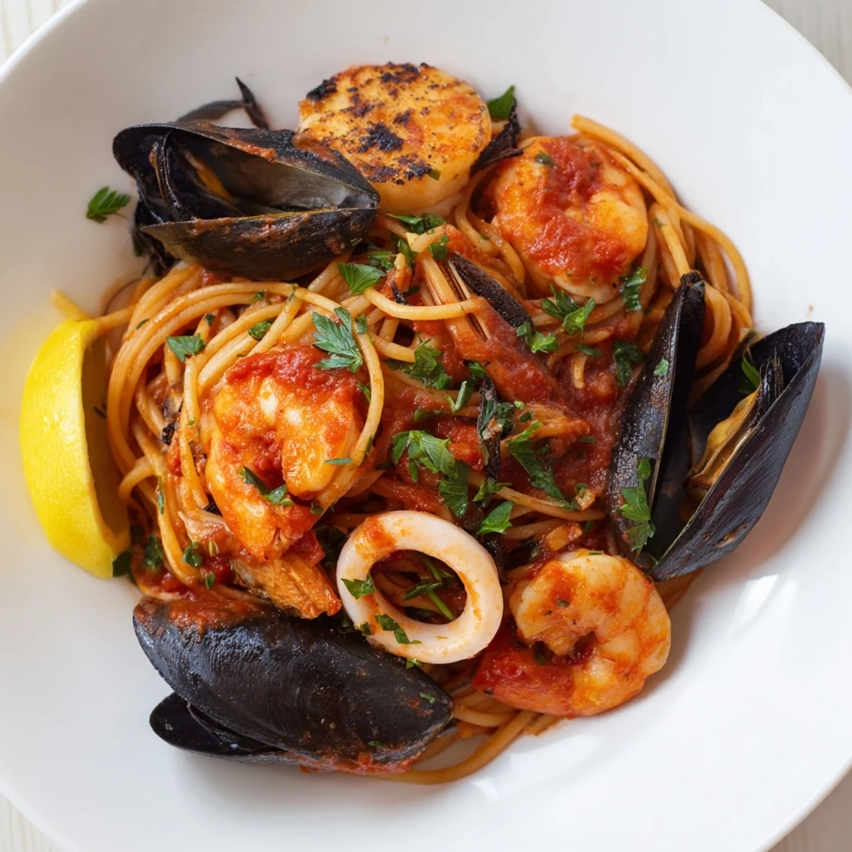 Steaming Seafood Marinara Pasta, a flavorful Italian dish with shrimp, mussels, and squid.
