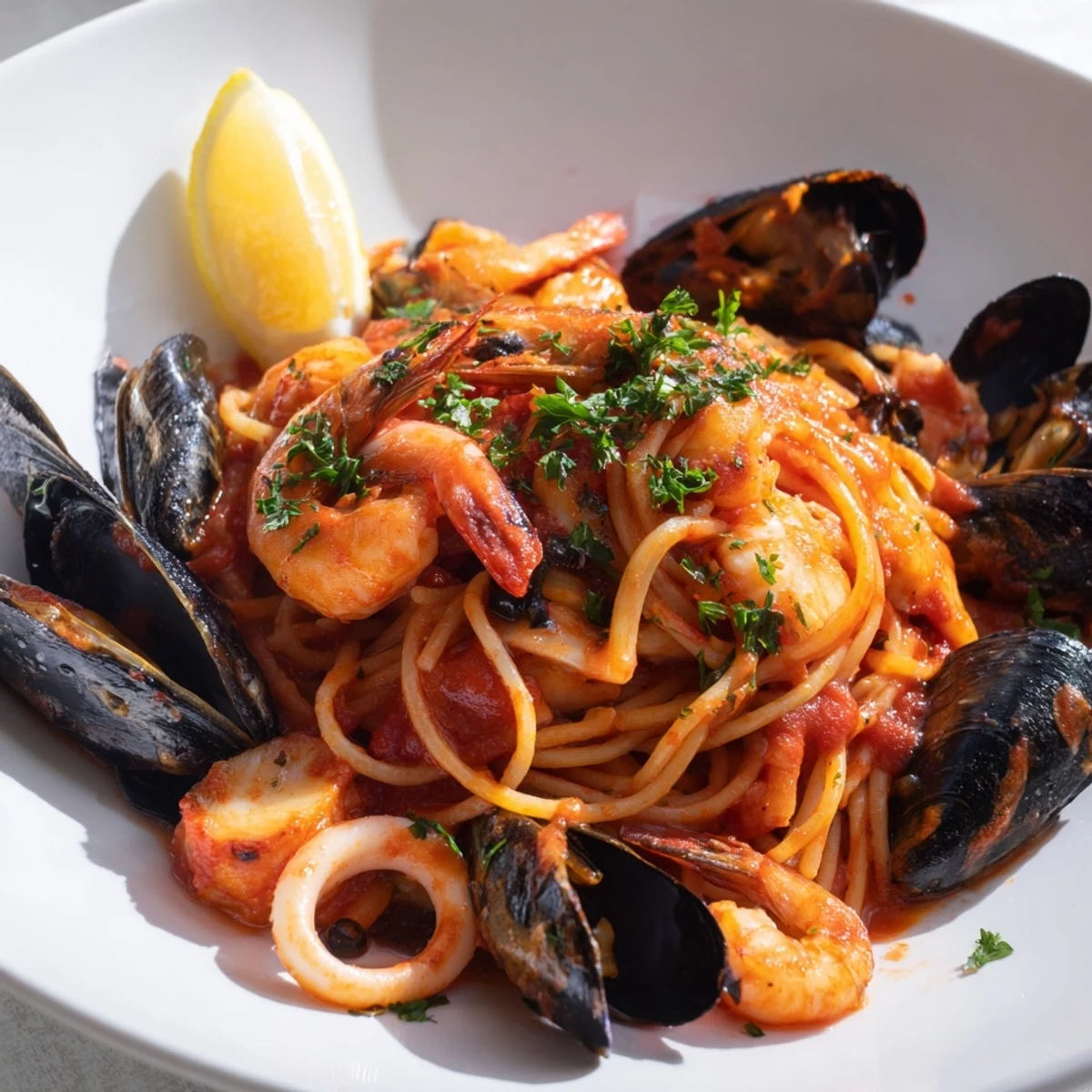 This Seafood Marinara Pasta features a rich tomato sauce and is ready to enjoy.