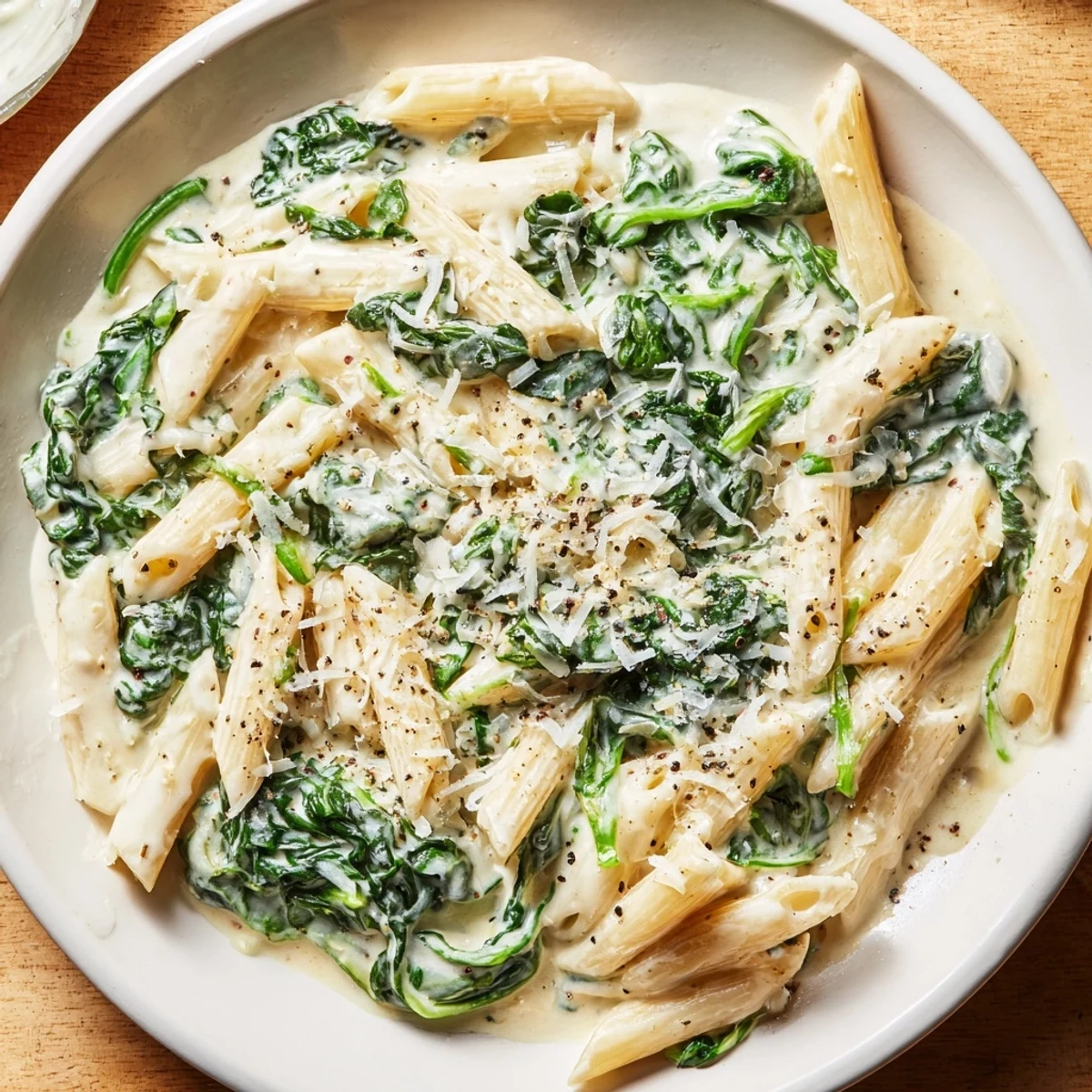 Steaming bowl of creamy spinach pasta with Parmesan, ready for a delicious dinner.