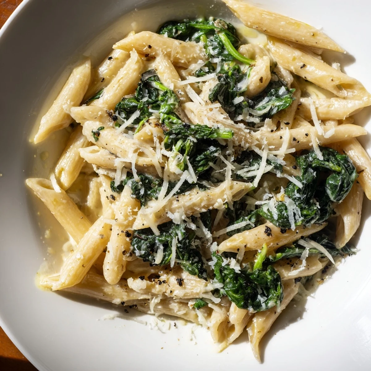 Vibrant green spinach swirls in this creamy spinach pasta, perfect for a vegetarian meal.