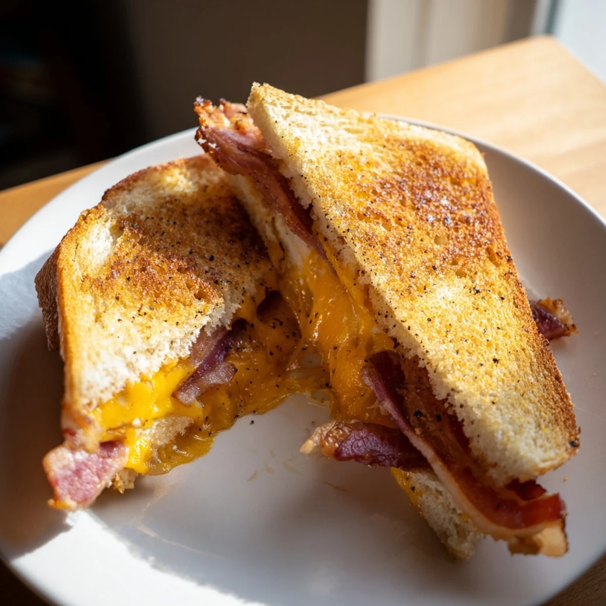 Golden, melty Crispy Bacon Cheddar Grilled Cheese oozing between crispy golden sourdough, a comforting treat.