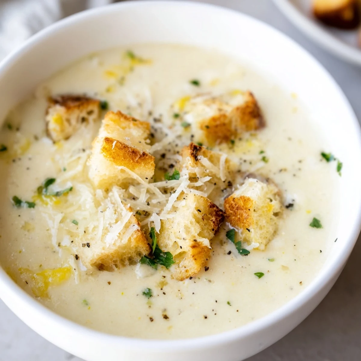 Golden-brown crusty bread cubes simmer in a creamy, flavorful Creamy Garlic Bread Soup.
