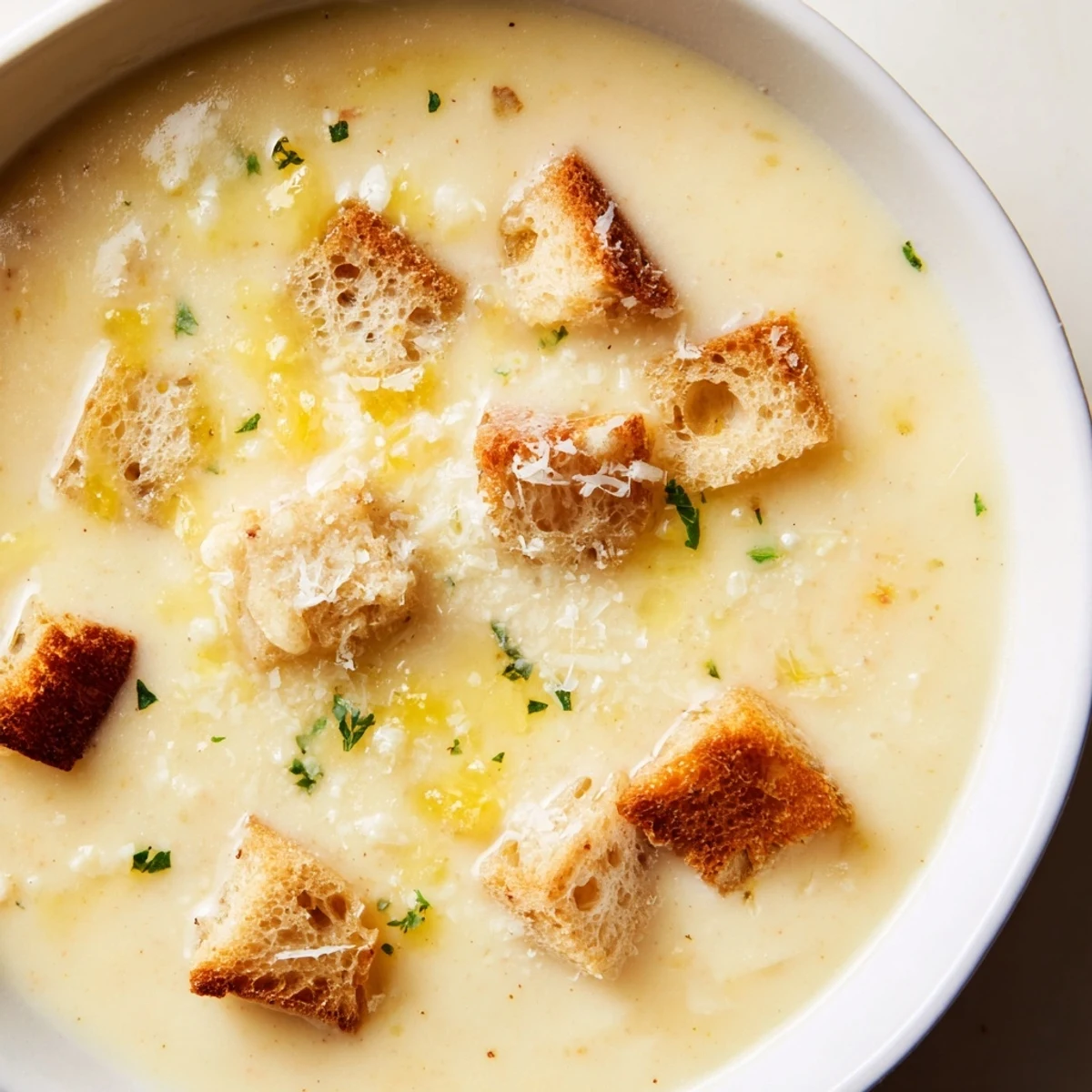 Warm and inviting bowl of Creamy Garlic Bread Soup, garnished with fresh parsley and cheese.