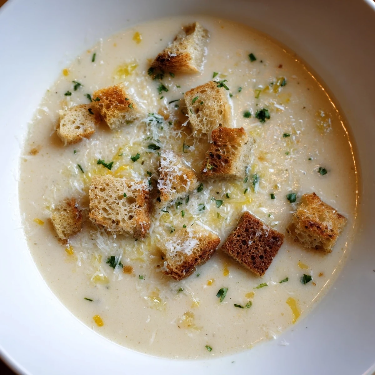 Thick and velvety, homemade Creamy Garlic Bread Soup with a rich, savory essence.