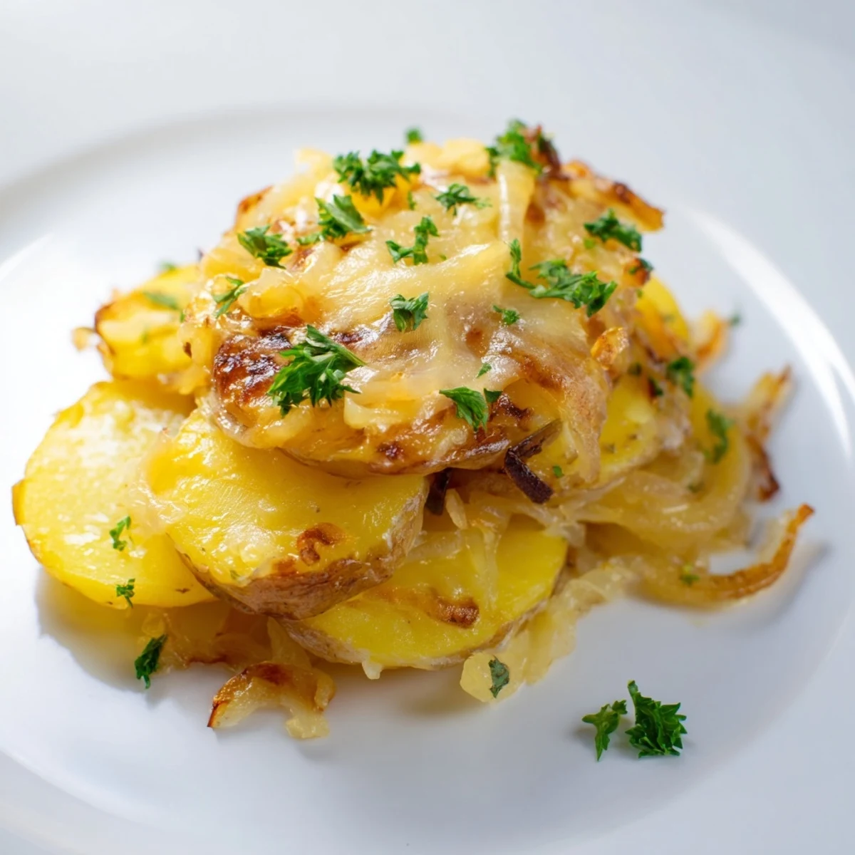 Golden, bubbly French Onion Soup Potatoes with melted Gruyère, a delicious vegetarian side dish.