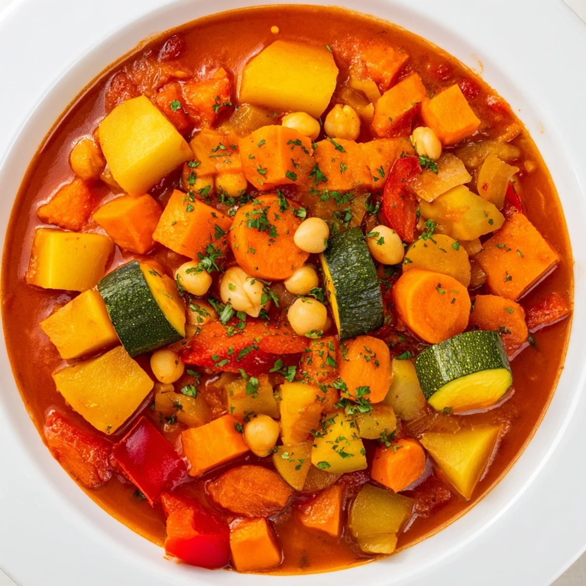 Hearty Vegan Sweet Potato Stew with vibrant vegetables and a rich, simmering tomato broth.