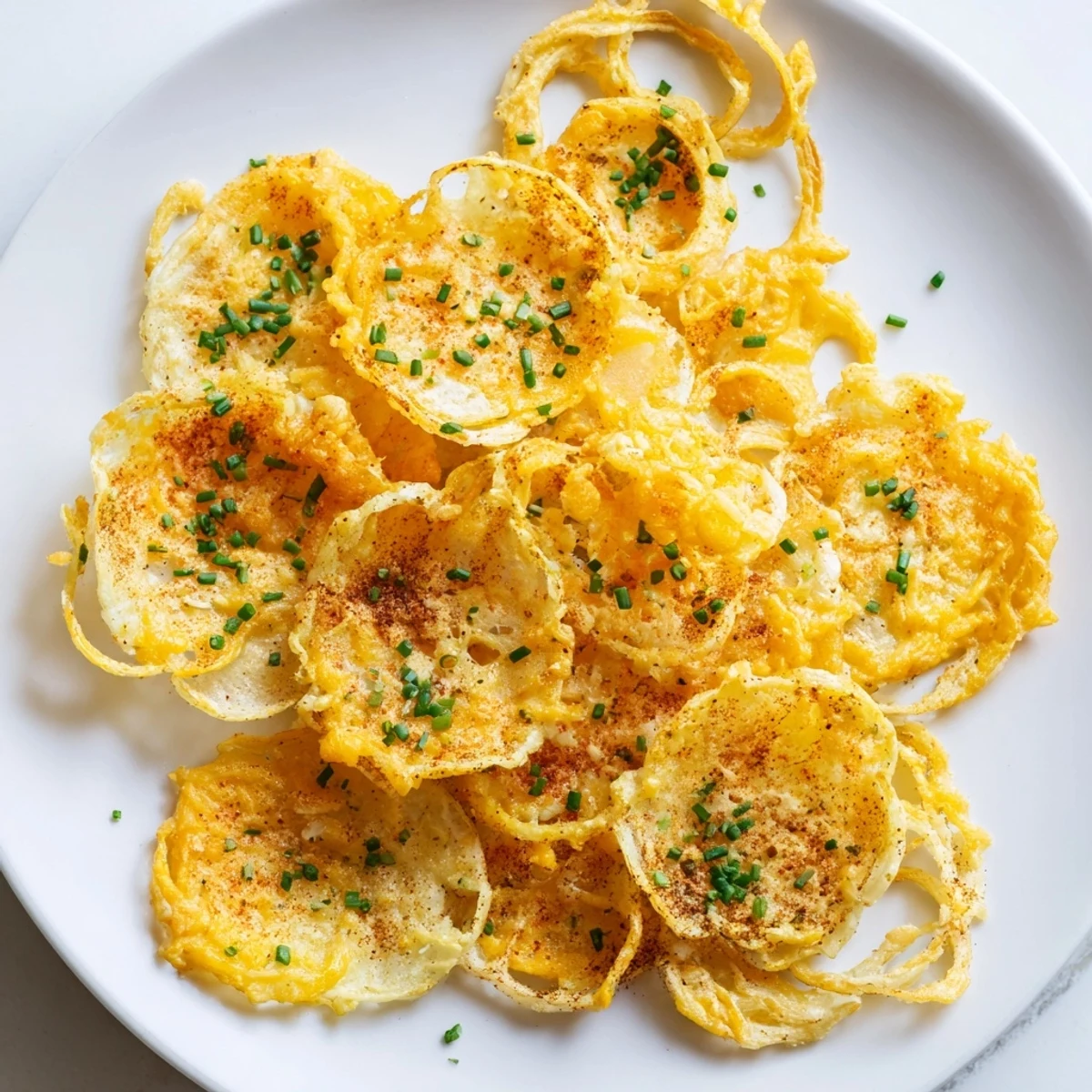 Golden, crispy onion cheese chips piled high, ready to enjoy as a flavorful, low-carb snack.