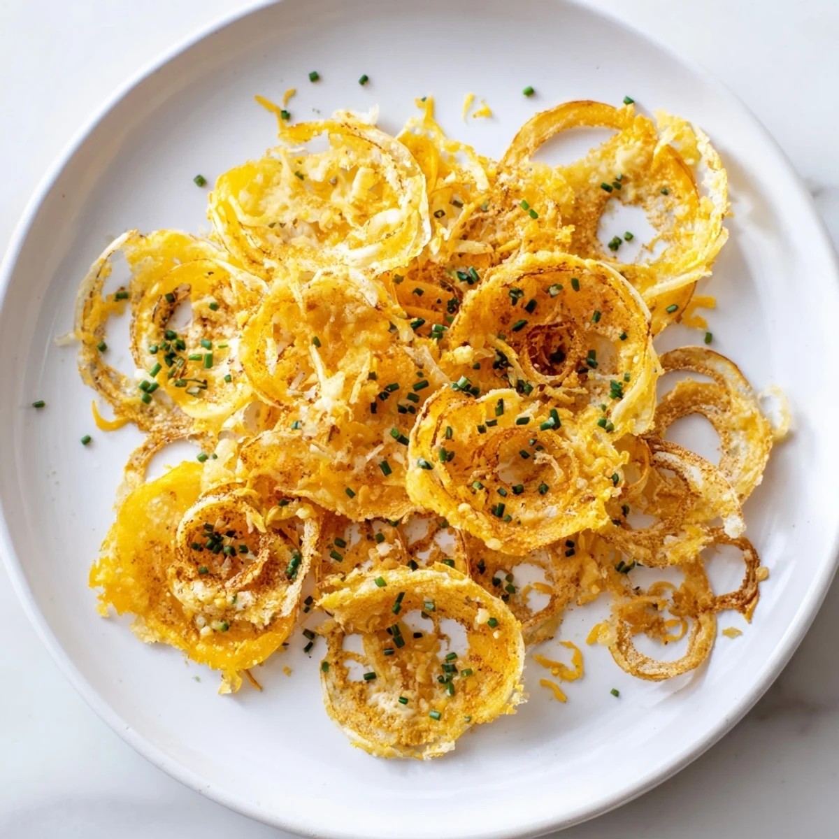A close-up of air-fried crispy onion cheese chips, showing the melted cheese and browned onions.