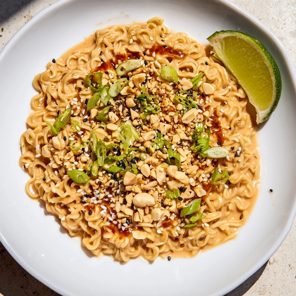 Steaming Instant Peanut Thai Sauce Noodles, coated in a luscious sauce with green scallions sprinkled on top.