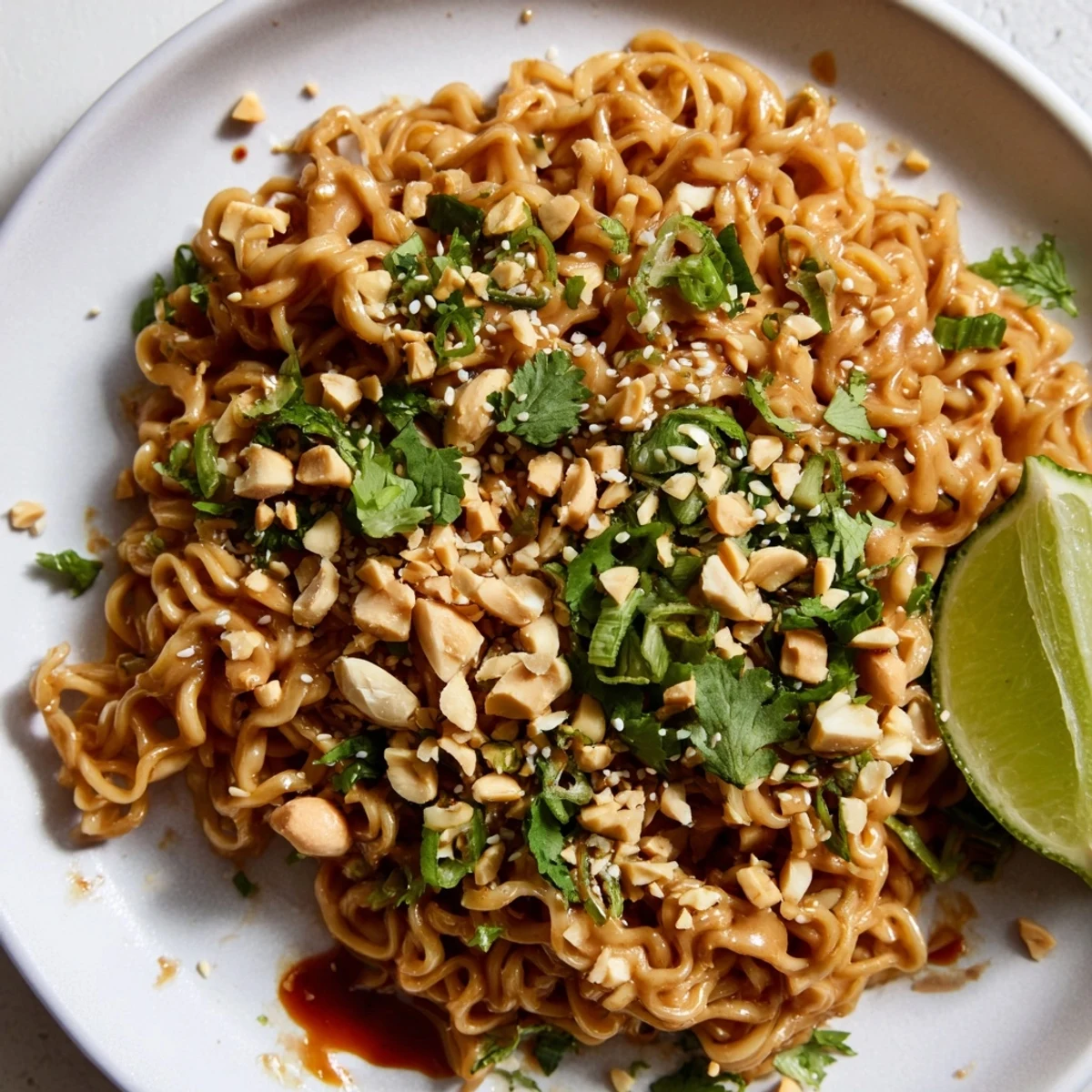 A vibrant photo of Instant Peanut Thai Sauce Noodles ready to be eaten, complete with peanuts and cilantro.