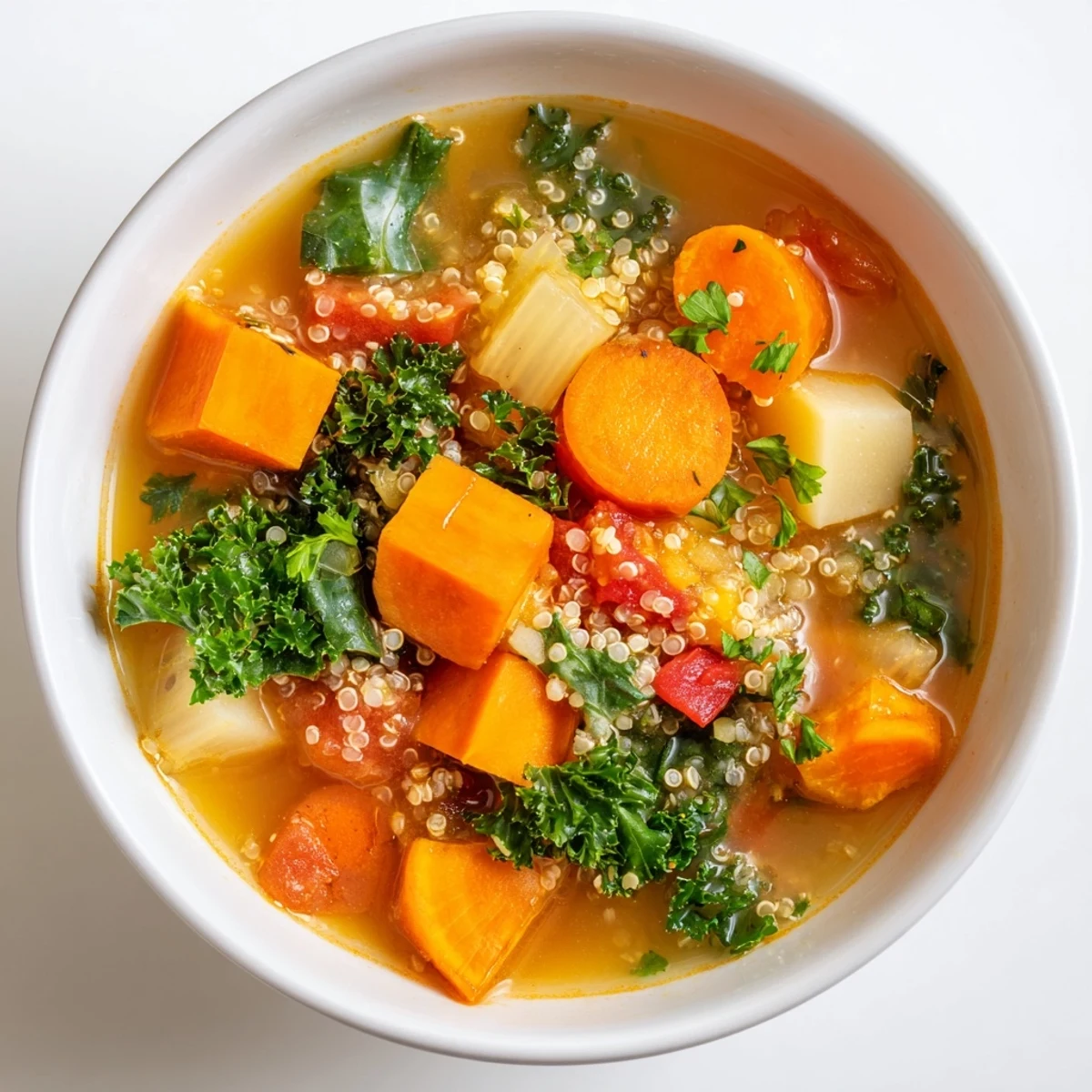 Steaming bowl of Nourishing Winter Veggie Soup, vibrant colors signaling fresh, flavorful ingredients, ready to eat.