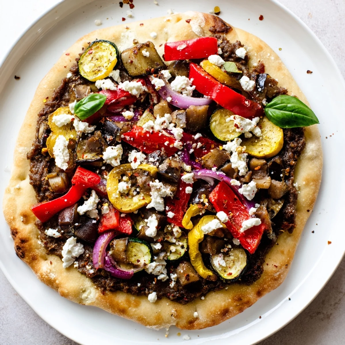 Warm Naan Bread Pizza, loaded with roasted vegetables, feta, and fragrant olive tapenade.