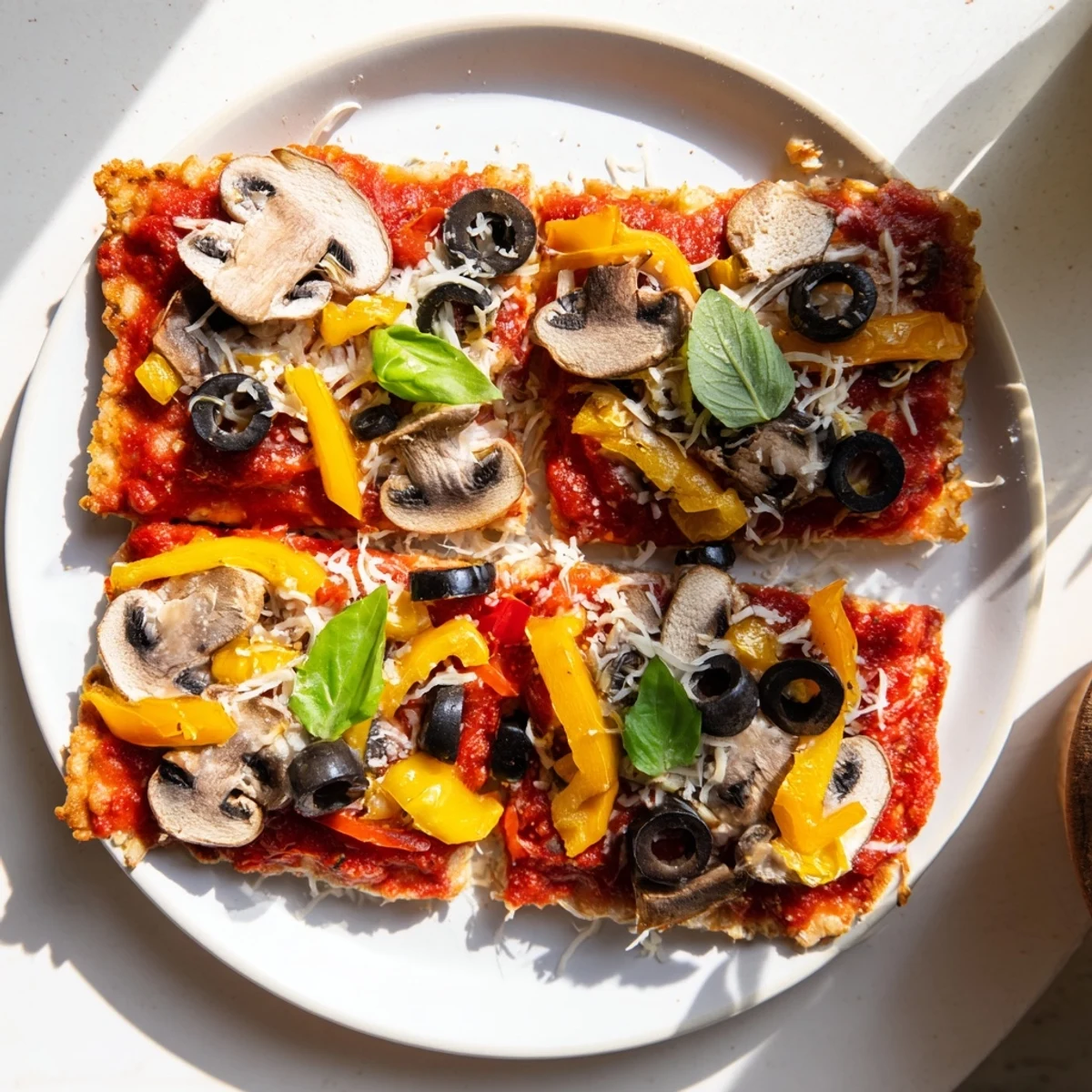 Golden-topped rice cake pizza squares, a quick gluten-free snack with savory sauce and bubbly cheese.