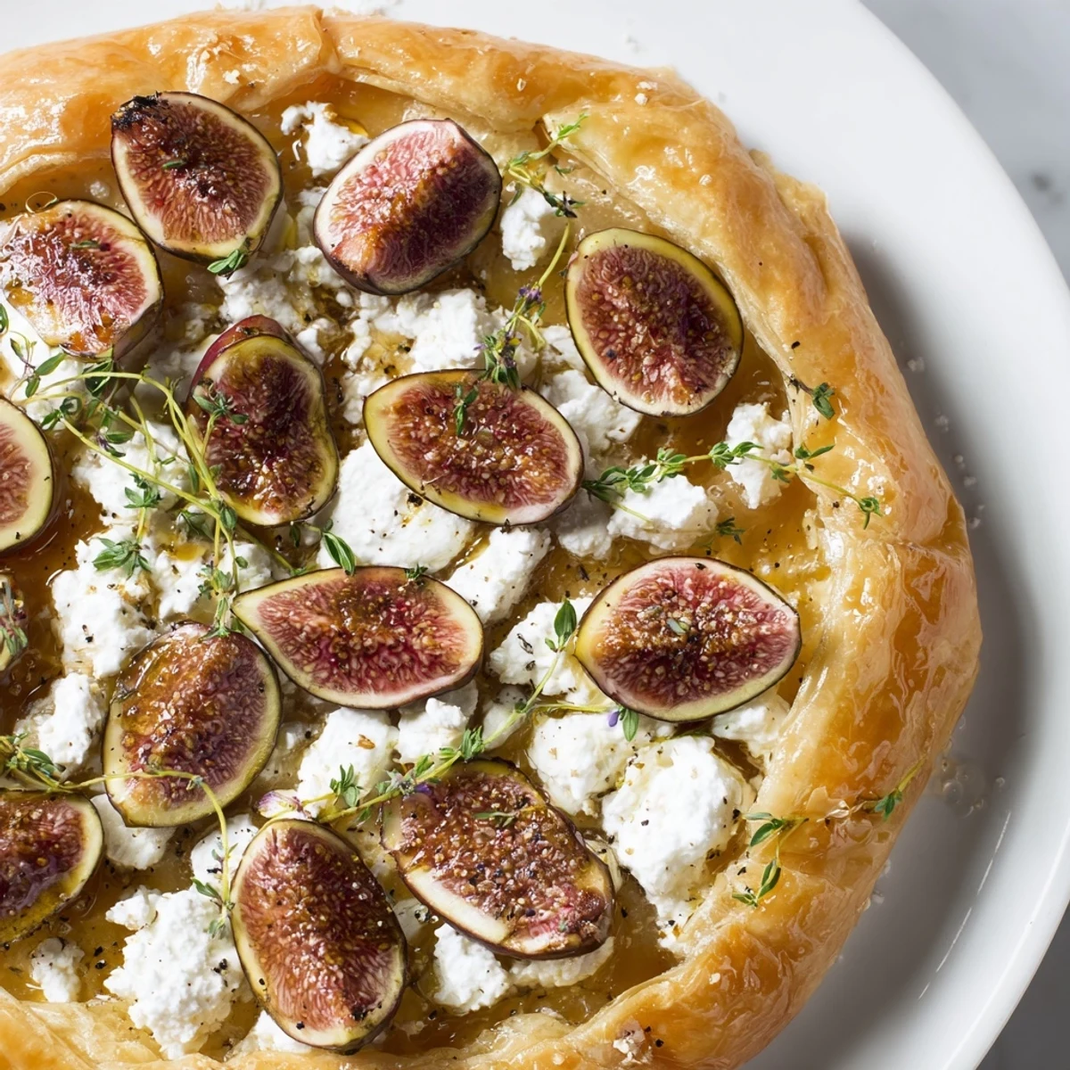 Golden, bubbling Puff Pastry Truffle Pizza, with figs, goat cheese, and drizzled honey—a gourmet appetizer.