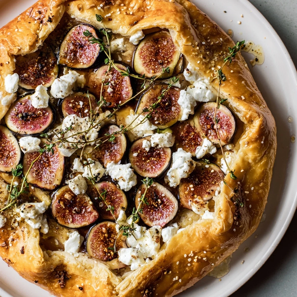 A close-up of a beautifully baked Puff Pastry Truffle Pizza, showcasing sweet figs and creamy goat cheese.