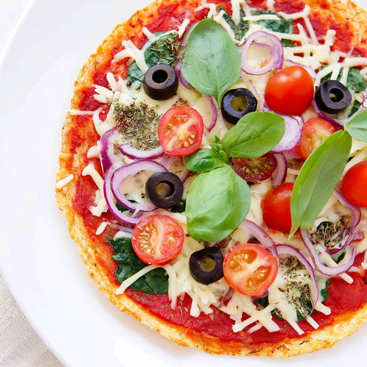Close-up view of a Crispy Tortilla Pizza, oozing melted cheese and colorful toppings.