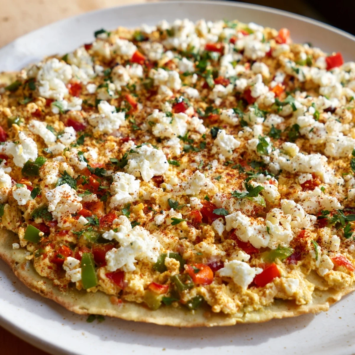 Turkish Menemen Eggs Pizza with bubbly feta cheese and a crisp, golden crust ready to eat.