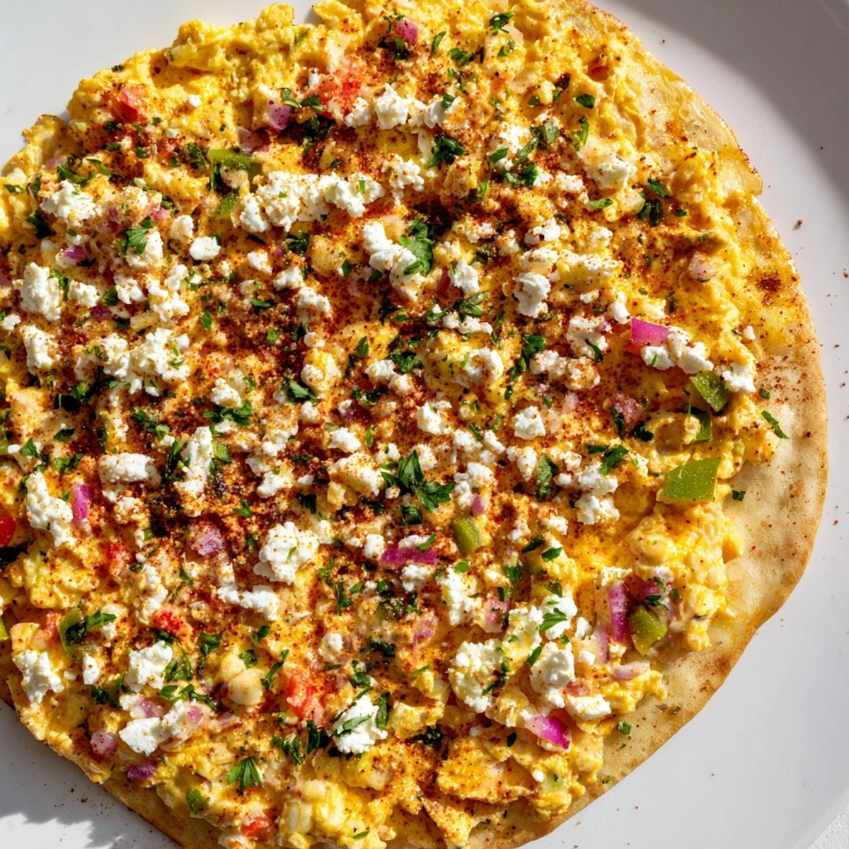 Savory Turkish Menemen Eggs Pizza, a colorful fusion of scrambled eggs and peppers topping a baked pizza.