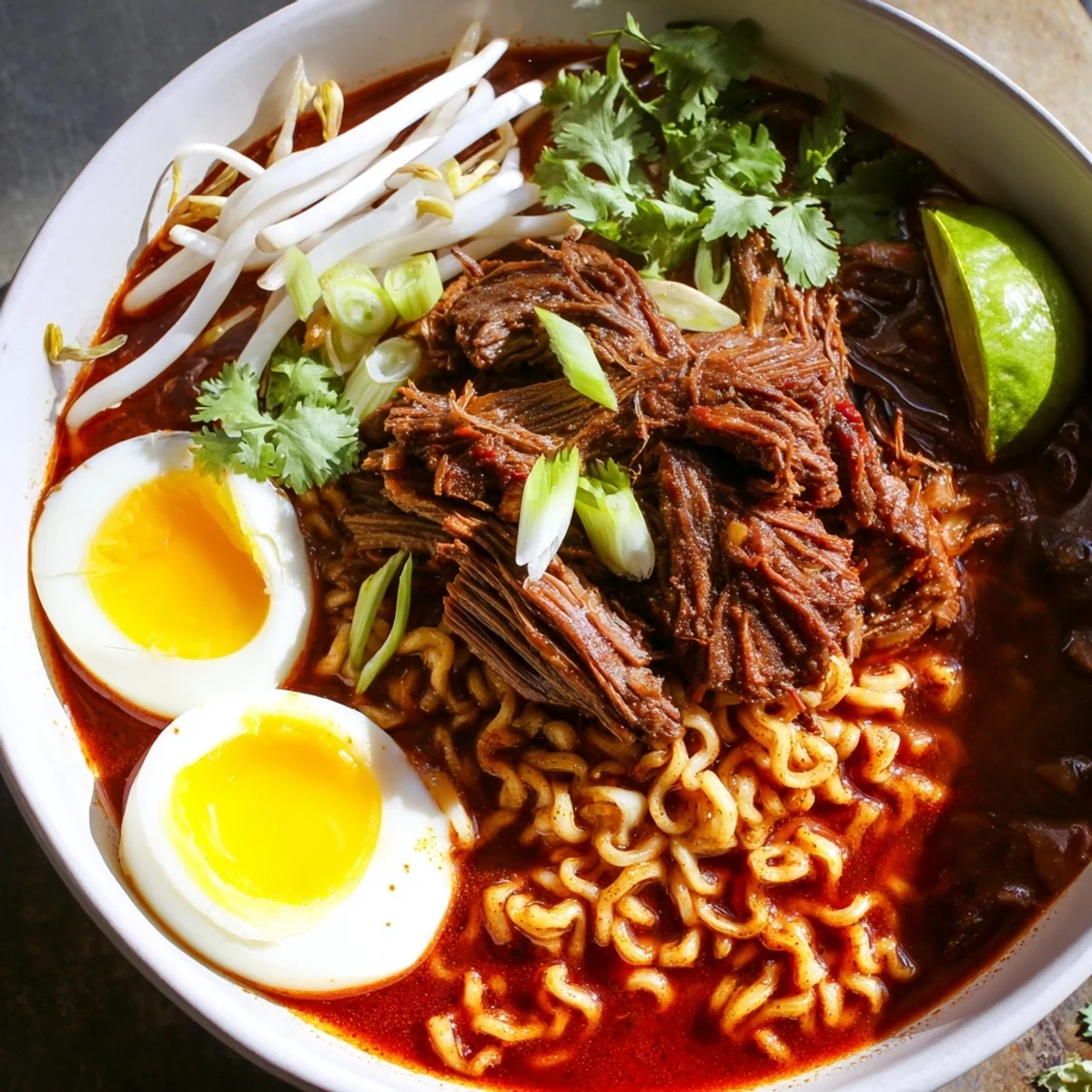 Steaming bowl of Chaos Cooking Birria Ramen with tender beef and vibrant toppings; a flavorful meal.