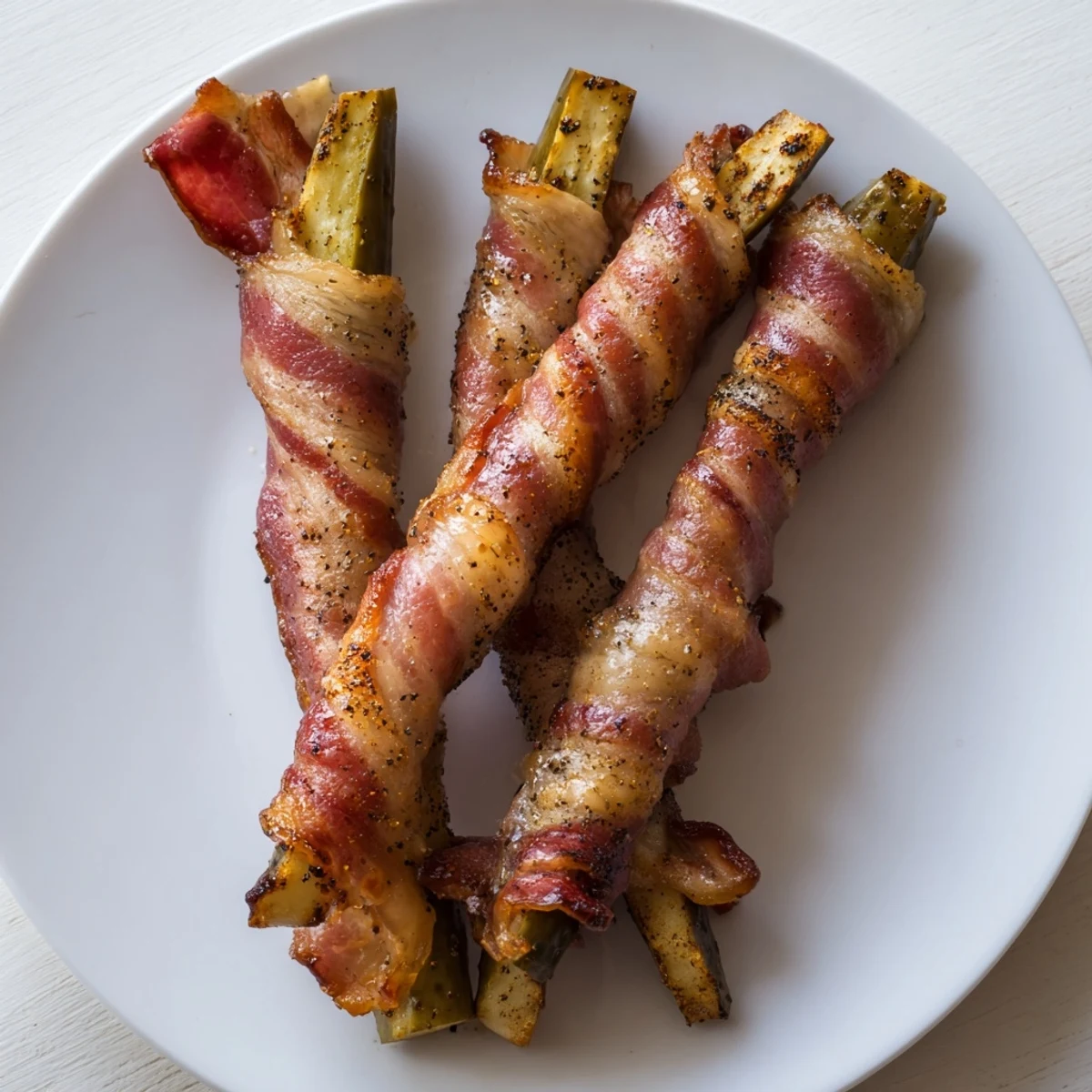 Golden-brown bacon-wrapped pickles baked to crispy perfection on a parchment-lined sheet.  