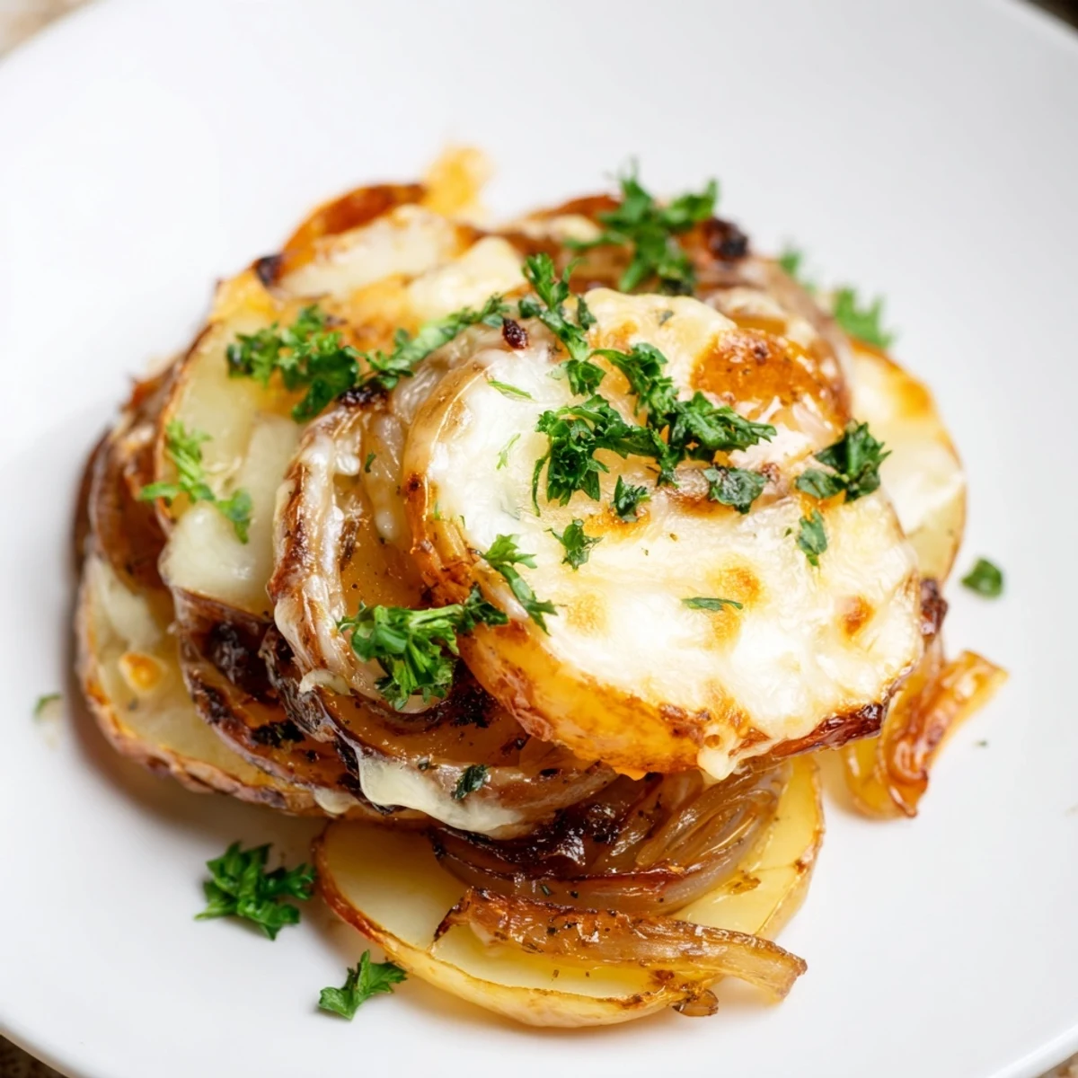 Golden roasted French Onion Soup Potatoes layered with deeply caramelized onions and melted Gruyère, bubbling under the broiler.