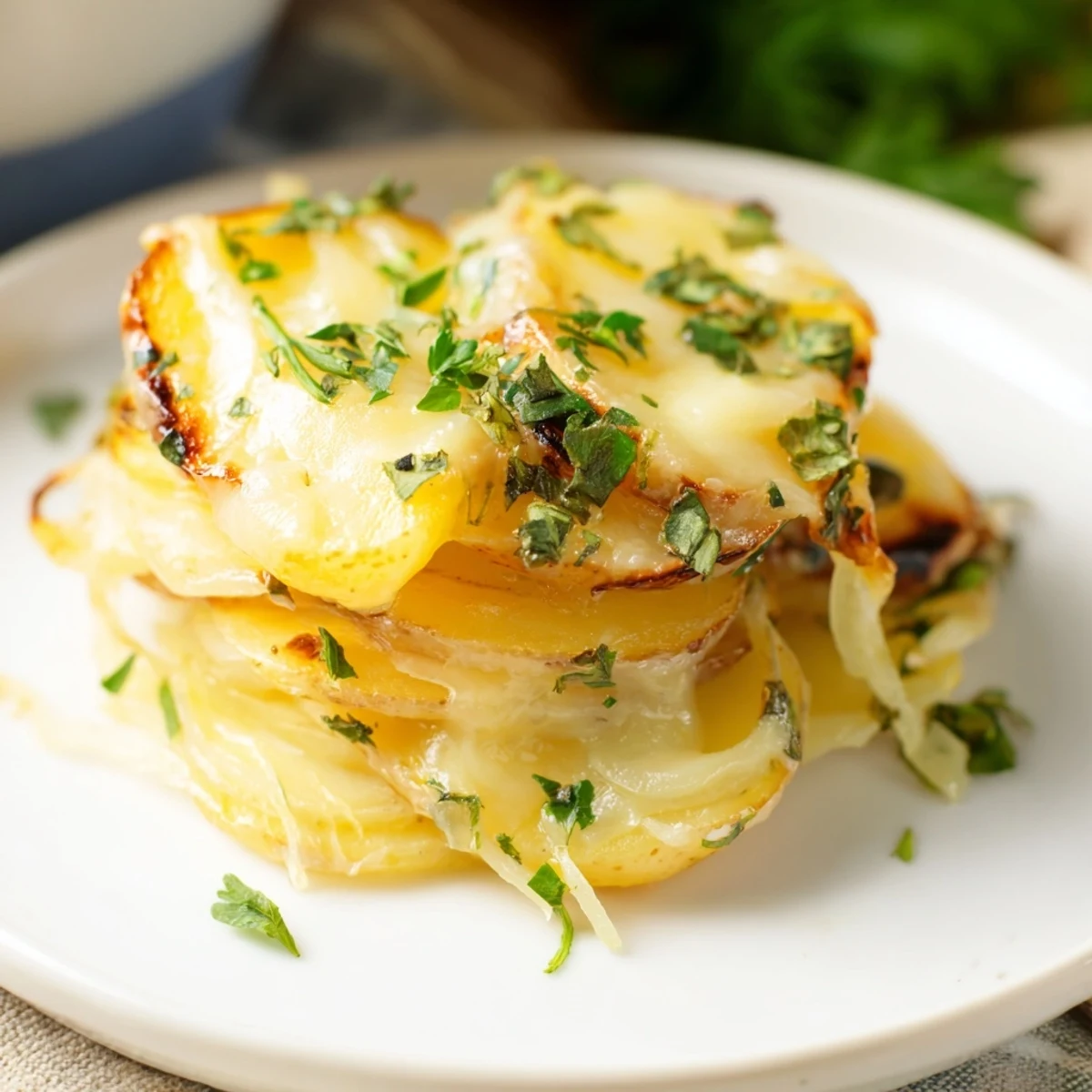 Tender Yukon Gold potato slices topped with sweet, slow-cooked onions and savory Gruyère in a French-inspired dish.