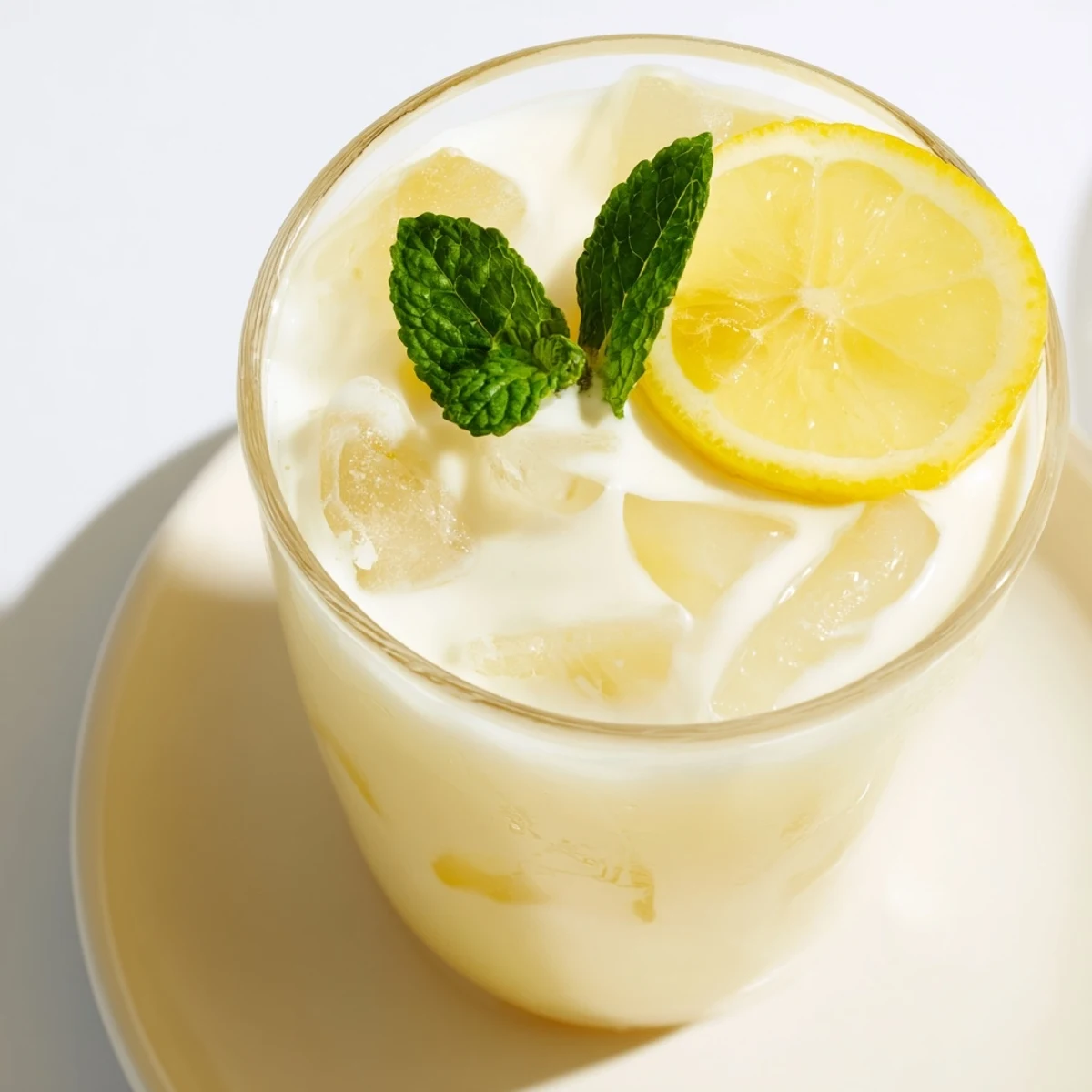 Served over ice in a glass, the Creamy Lemonade Drink features lemon slices and mint for a refreshing sip.