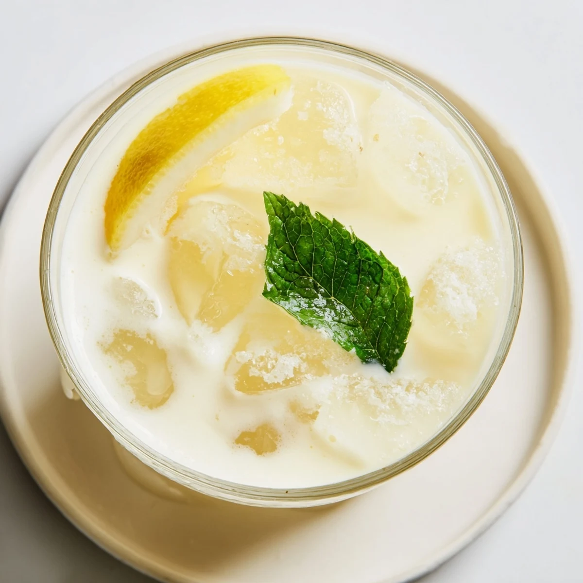 Over ice in a tall glass, the Creamy Lemonade Drink pairs perfectly with fresh mint and a citrus wedge.