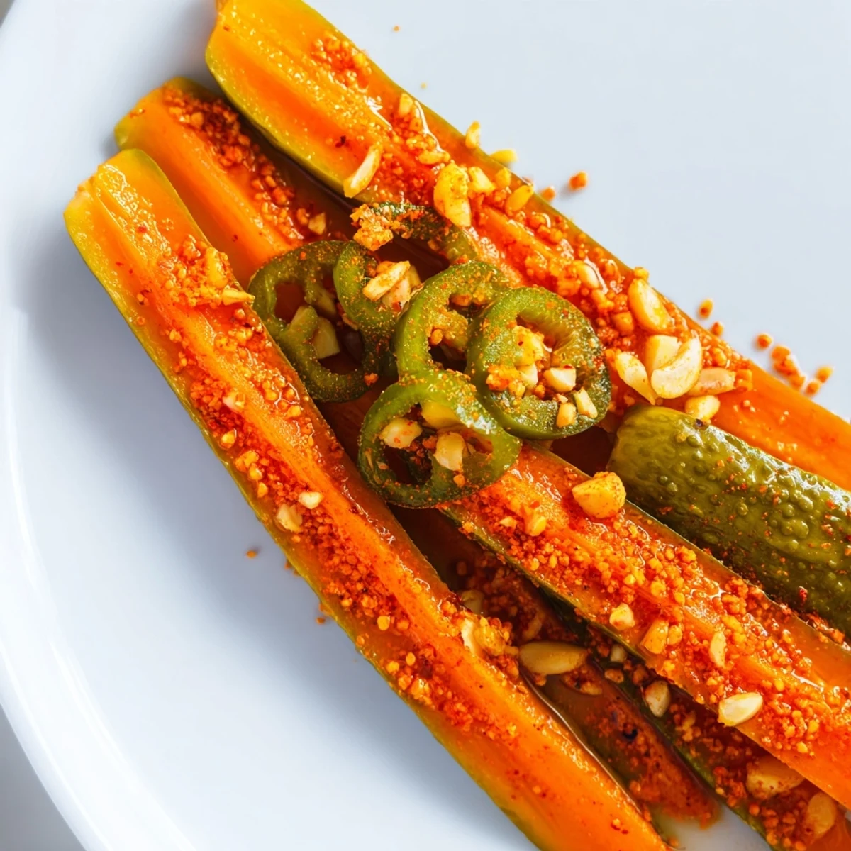 Crisp dill pickle chips soaked in zesty taco marinade, garnished with fresh jalapeño slices for a spicy, tangy bite.