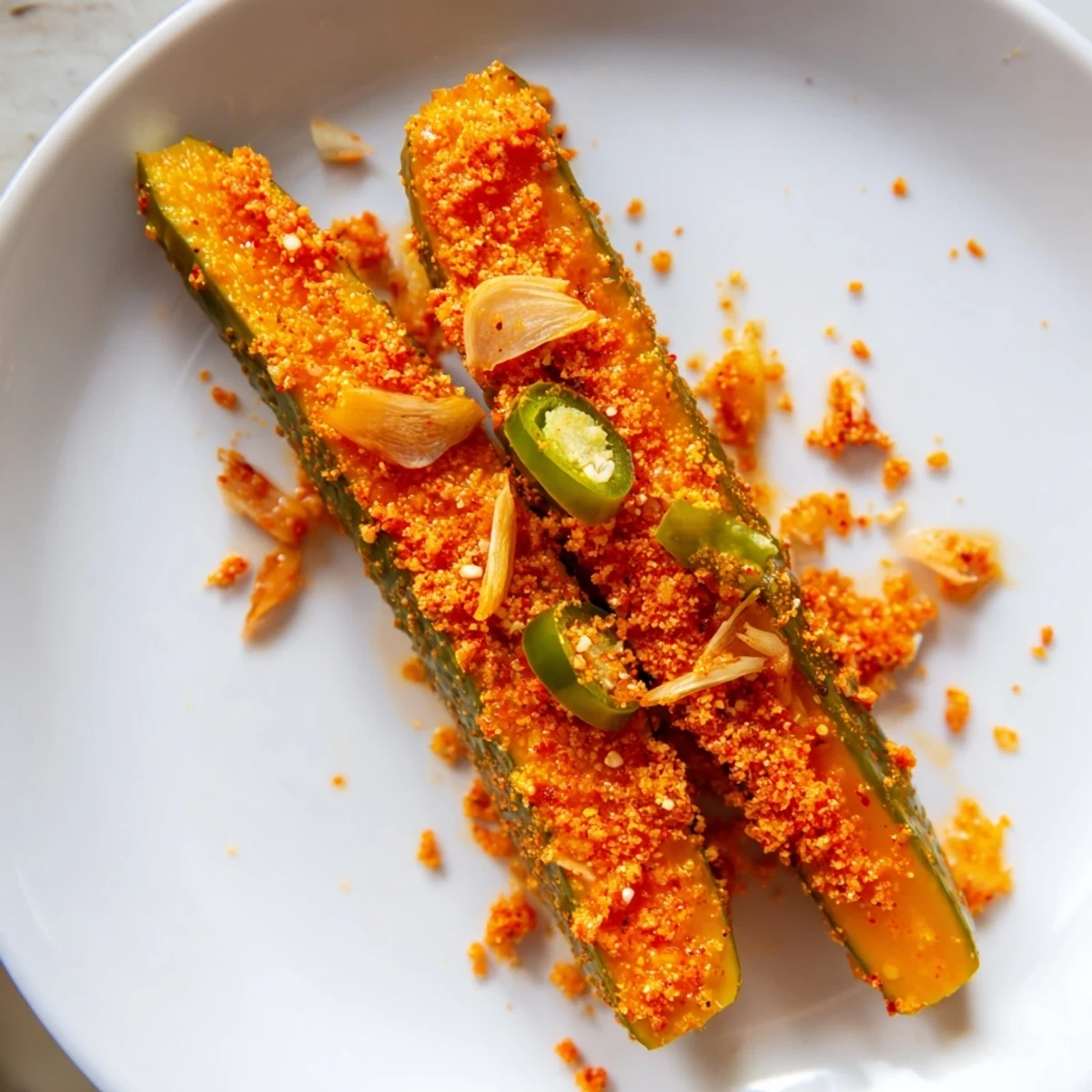 Bright green dill pickle spears marinated in a bold taco seasoning blend, speckled with red pepper flakes and sliced garlic.