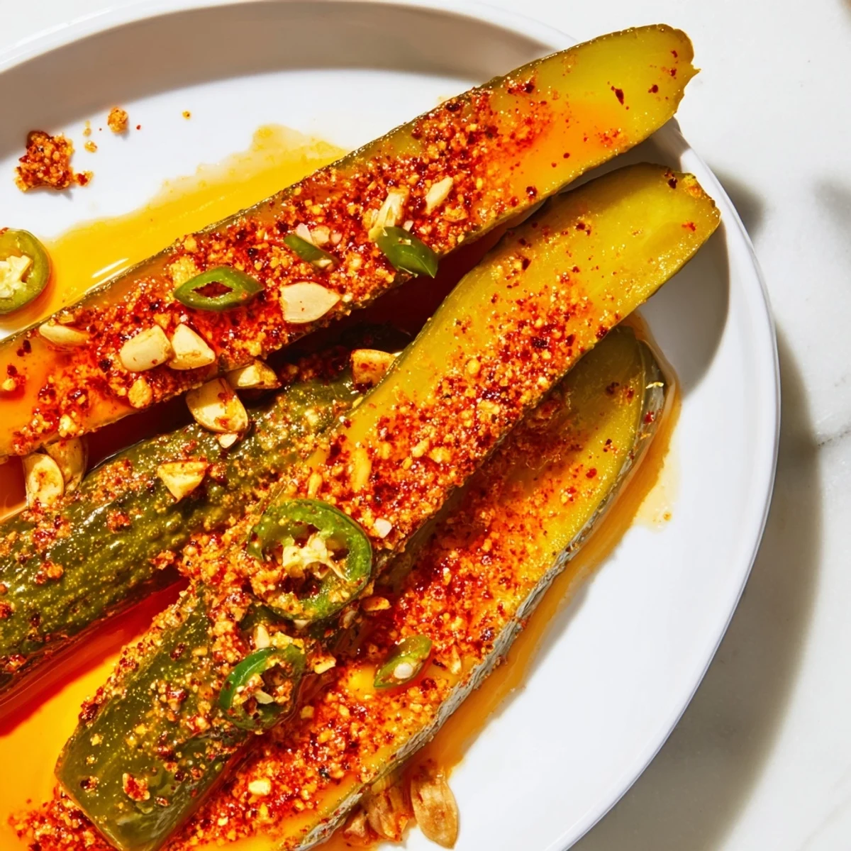 Chilled Taco Pickles in a glass jar, seasoned with smoky paprika and red pepper flakes, ready for snacking or topping burgers.