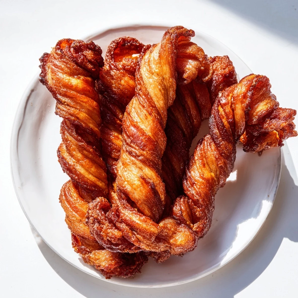 Golden-brown spiced bacon twists glistening with caramelized sugar and cinnamon, arranged neatly on a wire rack.