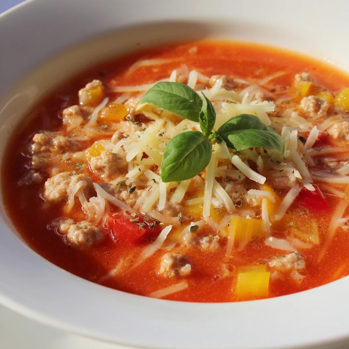 A close-up of steaming Pizza Soup in a rustic bowl, topped with melted mozzarella and fresh basil, with a slice of crusty bread on the side.  