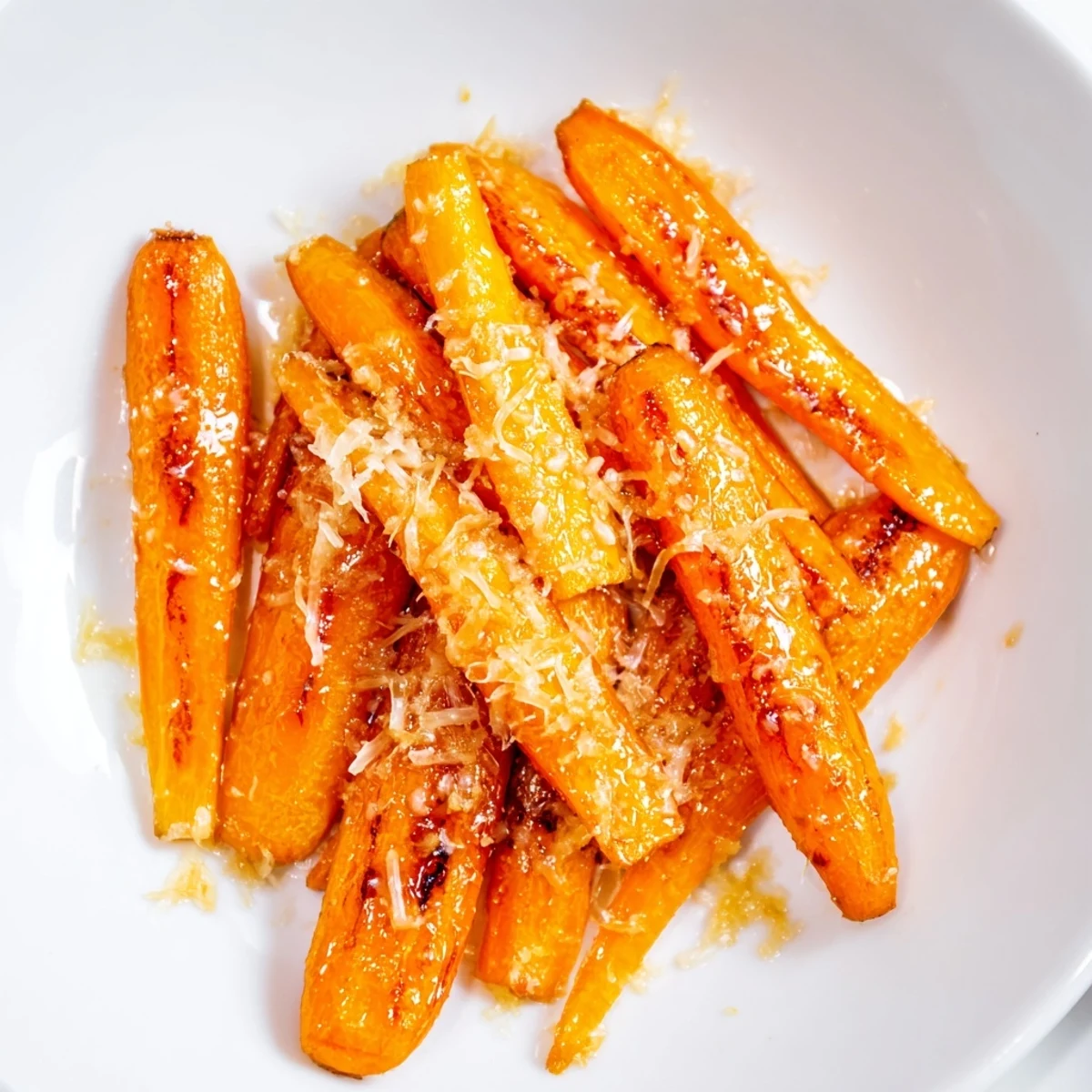 Golden roasted Parmesan baby carrot chips on a rustic wooden board, showcasing their crisp edges and honey-coated shimmer.  