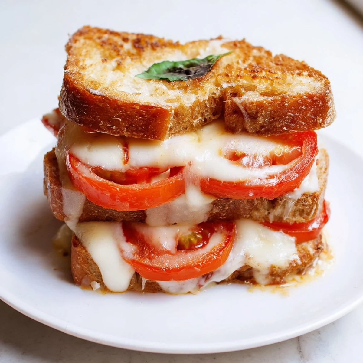 Golden-brown Tomato Basil Grilled Cheese on sourdough, melted mozzarella oozing from the crust.  